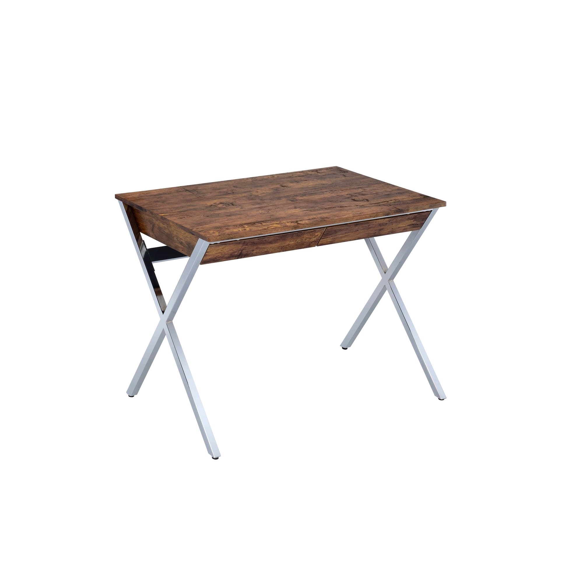 Manhattan Lane - 36 Inch Modern Office Desk, 2 Drawers, X Shape Frame, Wood, Oak, Chrome - Brown and Chrome