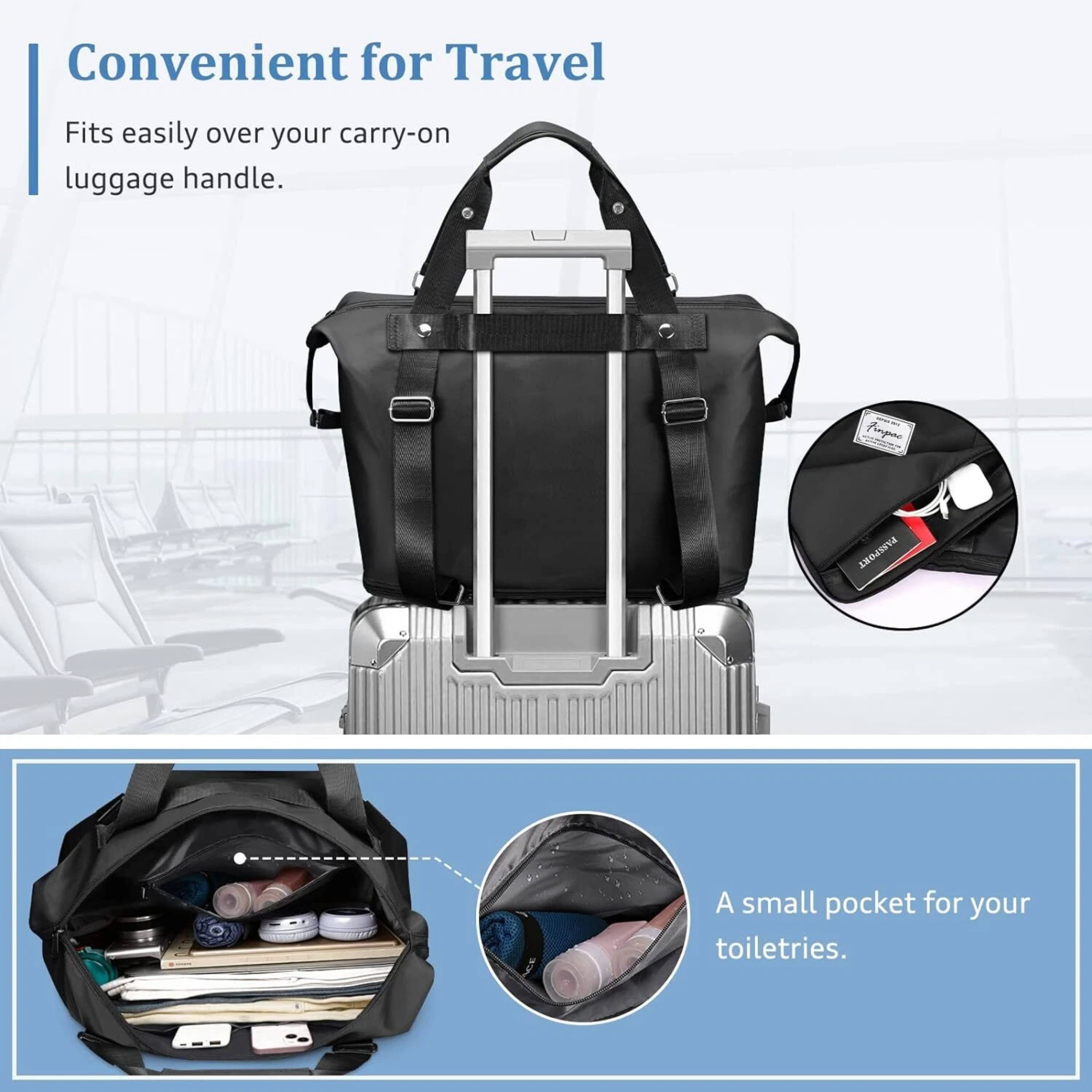Convenient for Travel  
Fits easily over your carry-on luggage handle.  

Pingue PASSPORT  
A small pocket for your toiletries.