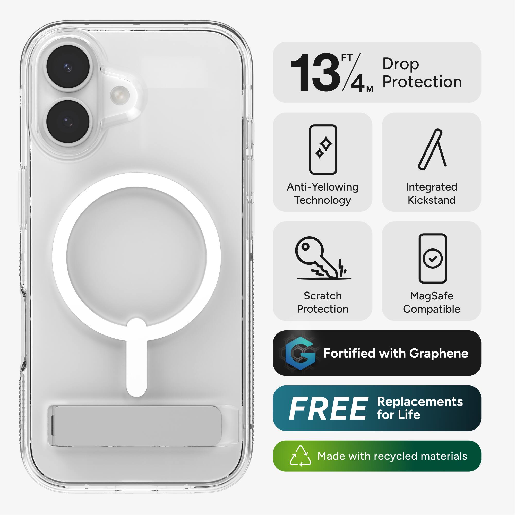 - 13 FT / 4 M Drop Protection
- Anti-Yellowing Technology
- Integrated Kickstand
- Scratch Protection
- MagSafe Compatible
- Fortified with Graphene
- FREE Replacements for Life
- Made with recycled materials
