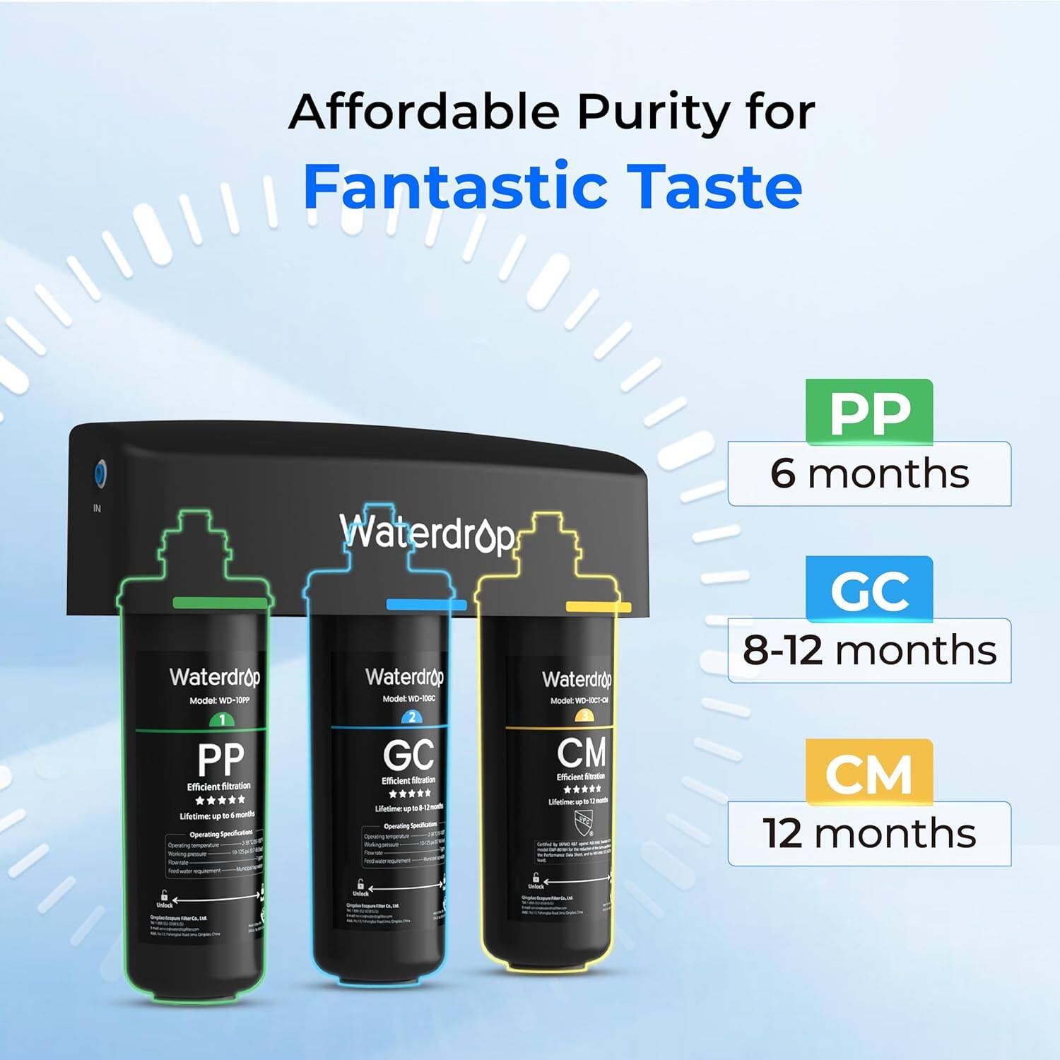 Affordable Purity for Fantastic Taste

Waterdrop
Waterdrop
Waterdrop
Waterdrop
Model: WD-10P
Model: WD-0C7
PP 6 months
GC 8-12 months
CM 12 months
Efficient Filtration
Lifetime up to 6 months
Lifetime up to 8-12 months
Lifetime up to 12 months
Operating Speed 1000ml/min
Operating Speed 1000ml/min
Operating Speed 1000ml/min