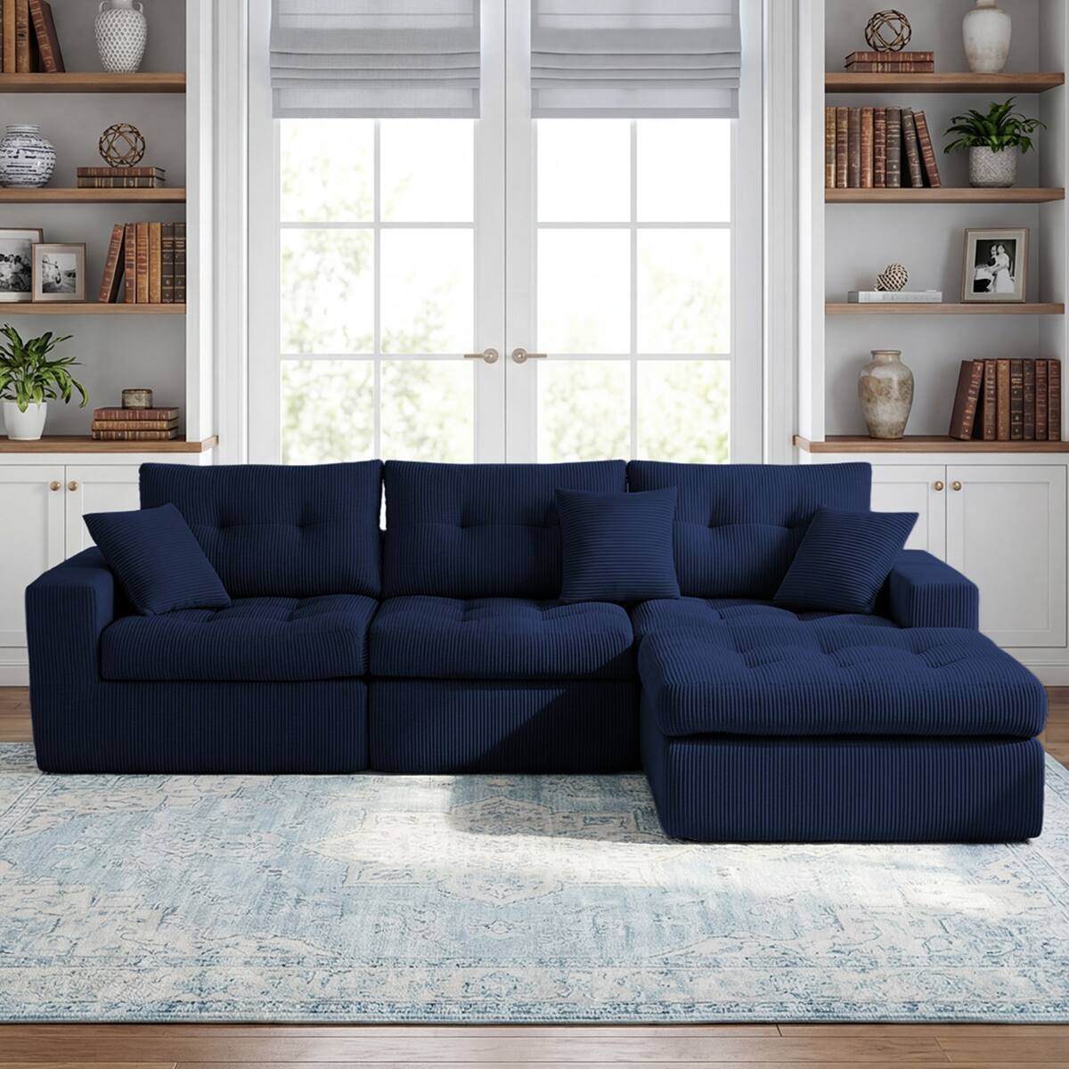 Front. Ropilly - Ropilly Corduroy Sectional Sofa Blue L Shaped Couch with Corner Chaise No Assembly Convertible Sofa - Blue.