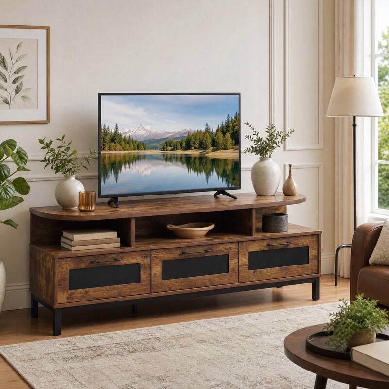 Angle. WELLFOR - Mid-Century Modern Entertainment Center for 55"/60"/65"/75" TV, TV Stand Media Console with 3 Drawers - Rustic Brown.