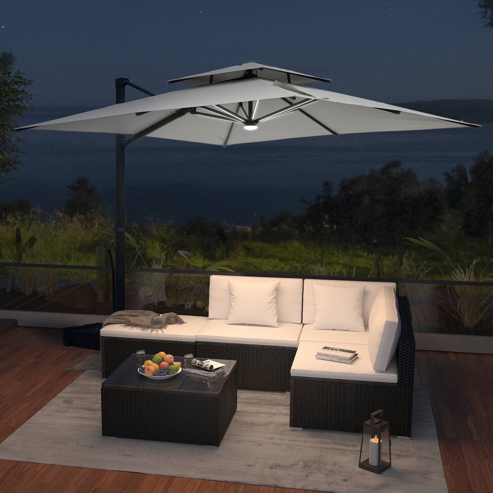 Left. Mondawe - 10*10ft Patio Cantilever Umbrella Double Top with Detachable LED Light Strip and Base - Grey.