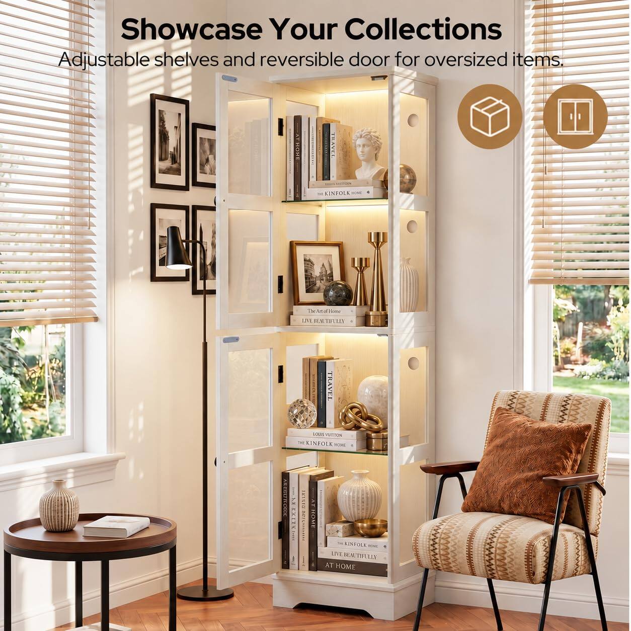 Showcase Your Collections  
Adjustable shelves and reversible door for oversized items.

TRAVEL  
at KINFOLK HOME  
The La of Home  
LIVE BEAUTIFULLY  
AREGOROSOL  
TRAVEL LOUS VUITION THE KINFOLK PONE KITK IVIVIN U ADVENTATION HOM KINFOLK TOVE LIVE BENE TIFULLY AT HOME