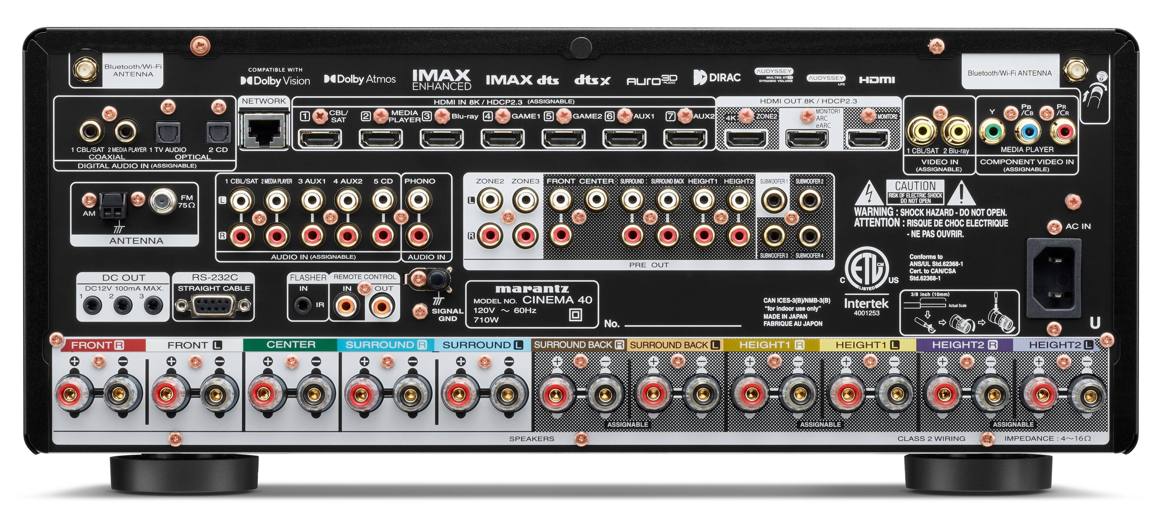 Back. Marantz - Cinema 40 125W 9.4 Ch Bluetooth Capable with HEOS and Dolby Atmos 8K Ultra HD A/V Home Theater Receiver with Alexa - Silver Gold.