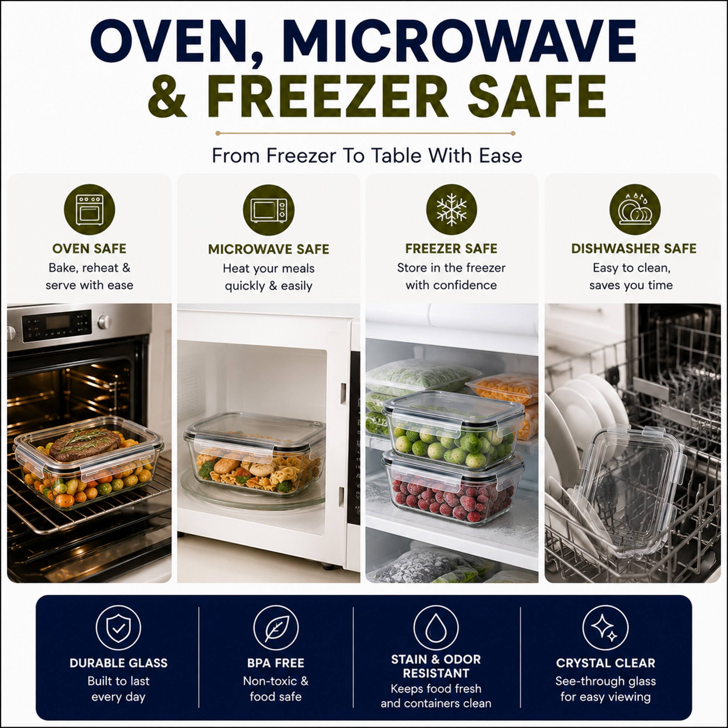 OVEN, MICROWAVE & FREEZER SAFE  
From Freezer To Table With Ease  

OVEN SAFE  
Bake, reheat & serve with ease  

MICROWAVE SAFE  
Heat your meals quickly & easily  

FREEZER SAFE  
Store in the freezer with confidence  

DISHWASHER SAFE  
Easy to clean, saves you time  

DURABLE GLASS  
Built to last every day  

BPA FREE  
Non-toxic & food safe  

STAIN & ODOR RESISTANT  
Keeps food fresh and containers clean  

CRYSTAL CLEAR  
See-through glass for easy viewing