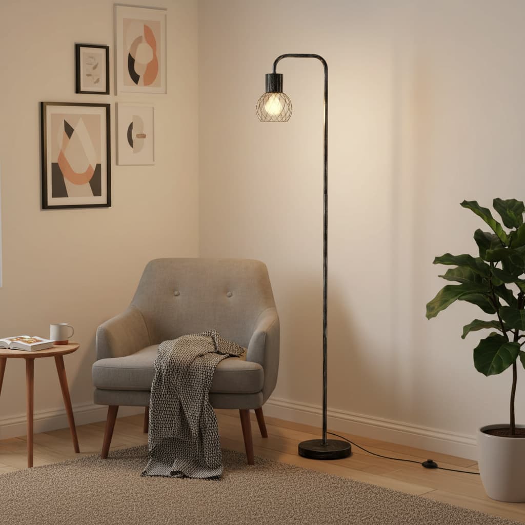 Alt View 4. FINEAK - Industrial Antique Silver Floor Lamp - Modern Minimalist Farmhouse Standing Lamp with 6W LED Bulb & Foot Switch - Sliver;Black.