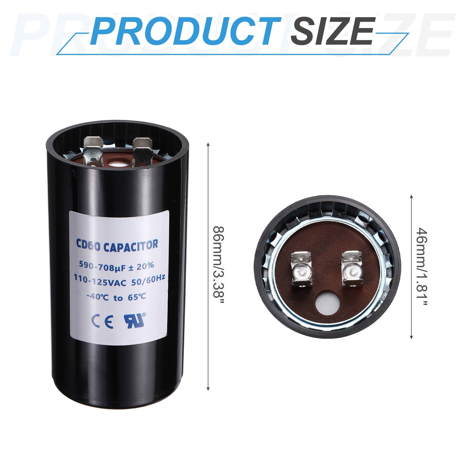 PEPRO PRODUCT SIZE EZE CD60 CAPACITOR 590-708F 20% 110-125VAC 50/60Hz -40C to 65C C E LR 86mm/3.38" 46mm/1.81"