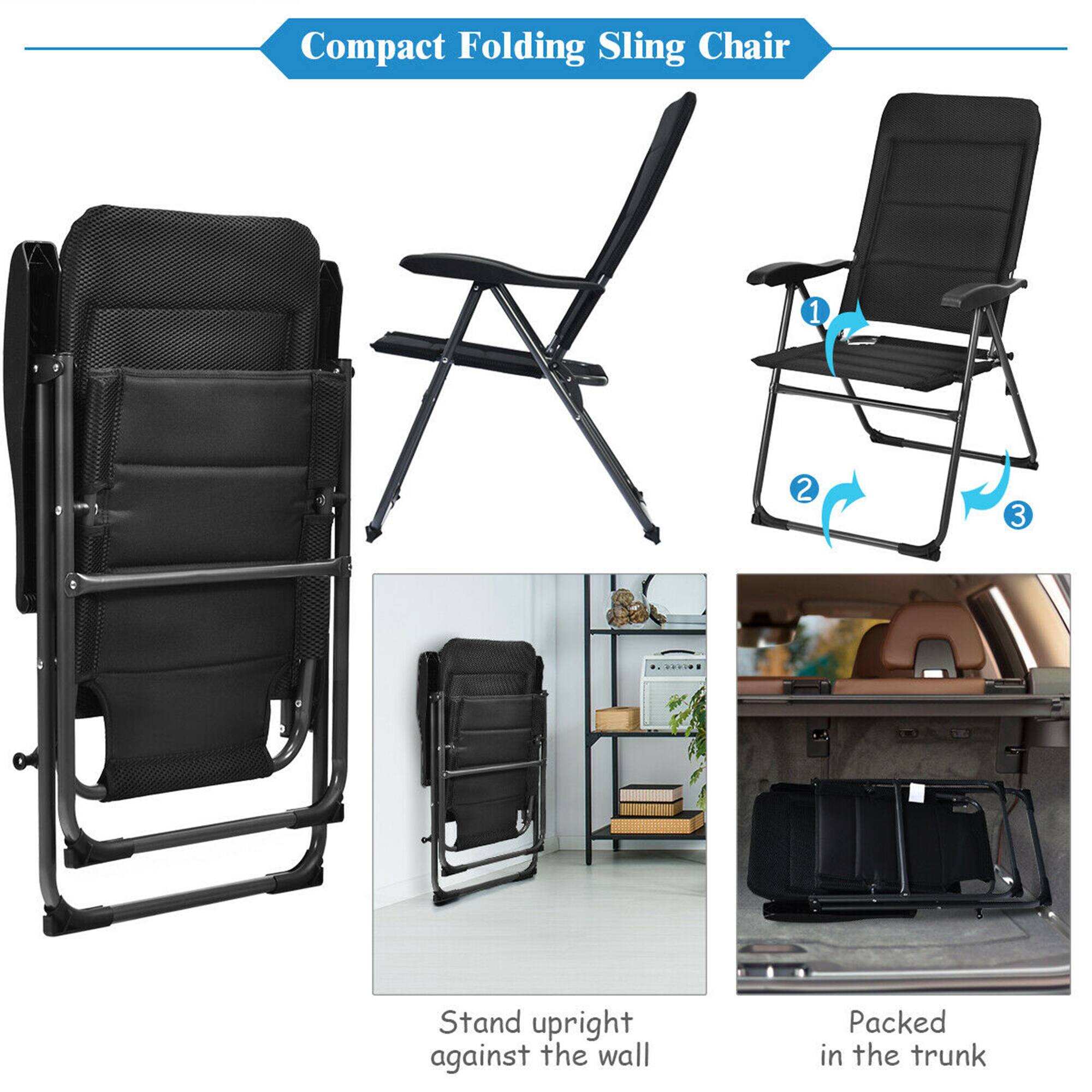 Compact Folding Sling Chair

1. Stand upright against the wall
2. Packed in the trunk