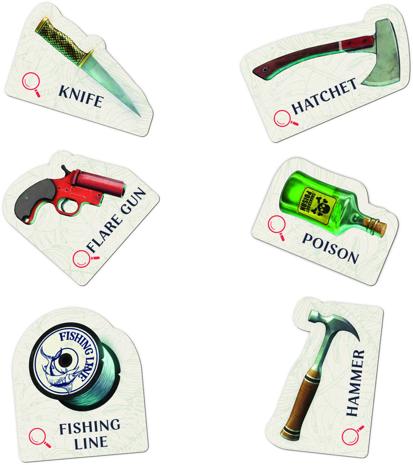 KNIFE, HATCHET, FLARE GUN, POISON, FISHING LINE, HAMMER