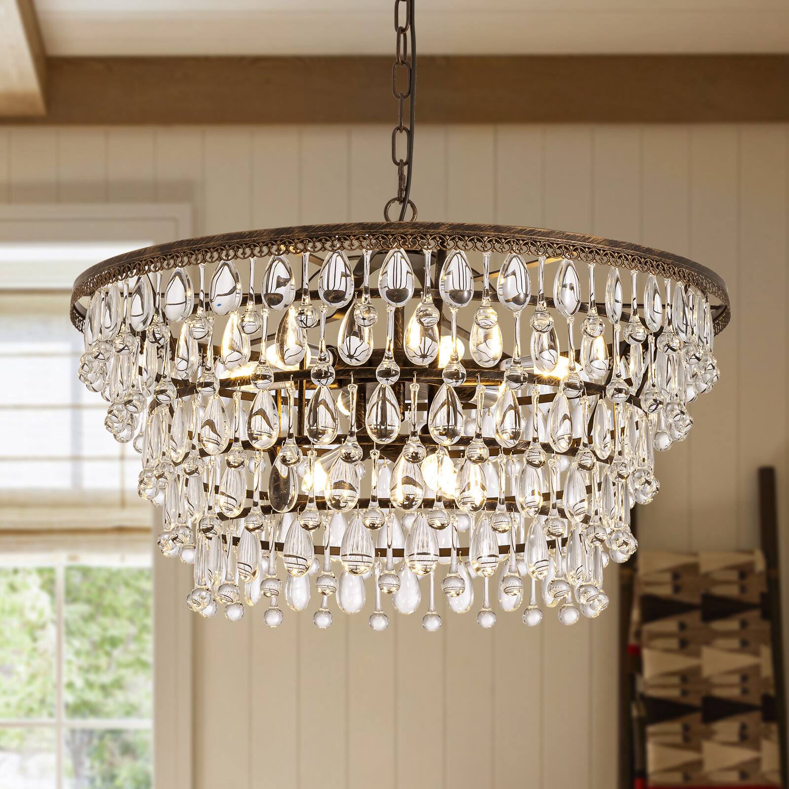 Siljoy - 28-Inch 9-Light Vintage Antique Bronze Crystal Chandelier with Adjustable Chain for Dining Room, Foyer, and Bedroom - Black