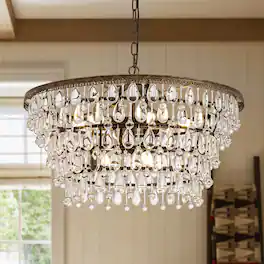 Siljoy - 28-Inch 9-Light Vintage Antique Bronze Crystal Chandelier with Adjustable Chain for Dining Room, Foyer, and Bedroom - Black