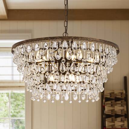 Front. Siljoy - 28-Inch 9-Light Vintage Antique Bronze Crystal Chandelier with Adjustable Chain for Dining Room, Foyer, and Bedroom - Black.