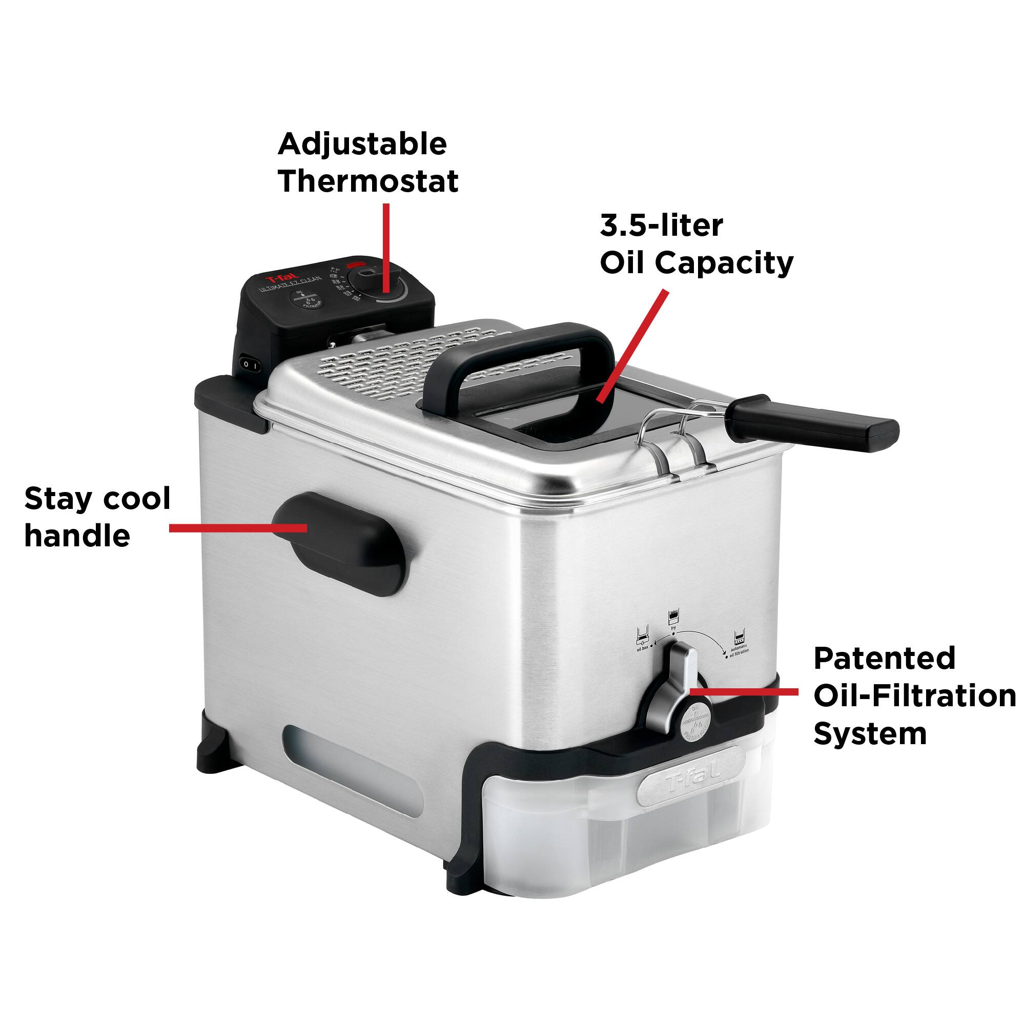 Adjustable Thermostat  
3.5-liter Oil Capacity  
Stay cool handle  
Patented Oil-Filtration System