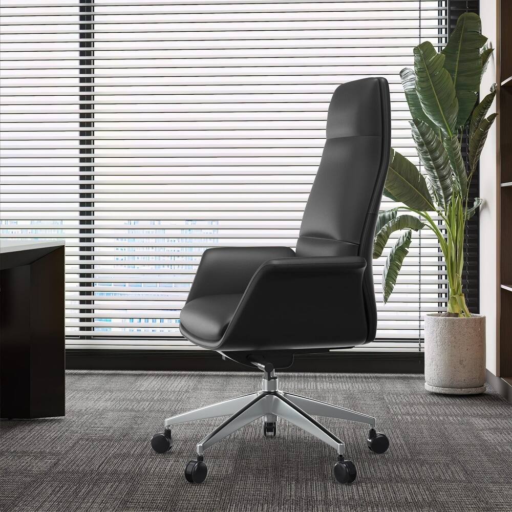 Left. LeisureMod - Summit High-Back Swivel Leather in Metal Frame Office Desk Chair with Adjustable Height, Tilt & Plush Cushion - Black.