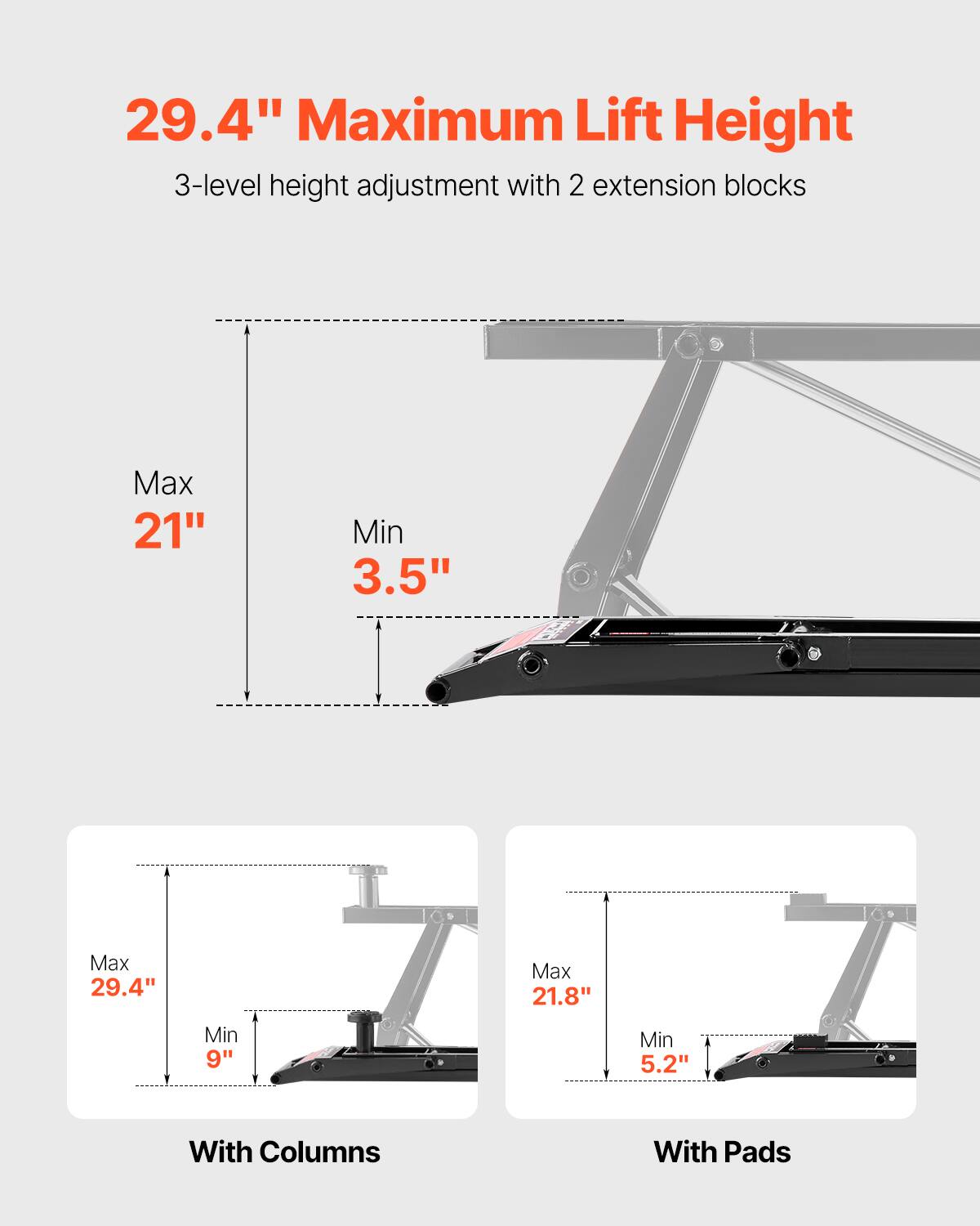 29.4" Maximum Lift Height  
3-level height adjustment with 2 extension blocks  

Max 21"  
Min 3.5"  

With Columns  
Max 29.4"  
Min 9"  

With Pads  
Max 21.8"  
Min 5.2"