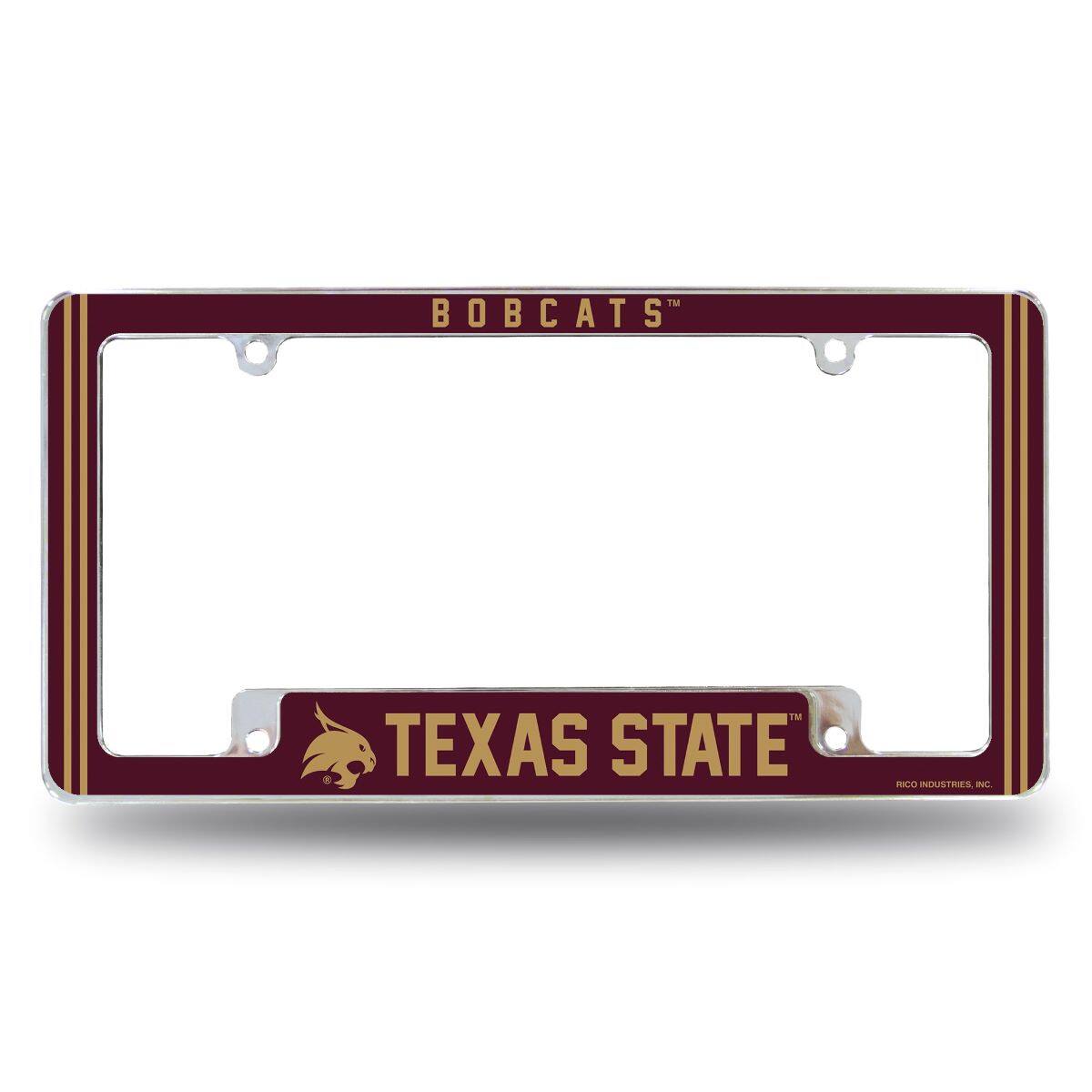 Texas State Bobcats Chrome Metal License Plate Frame with Full Frame Team Color Graphics