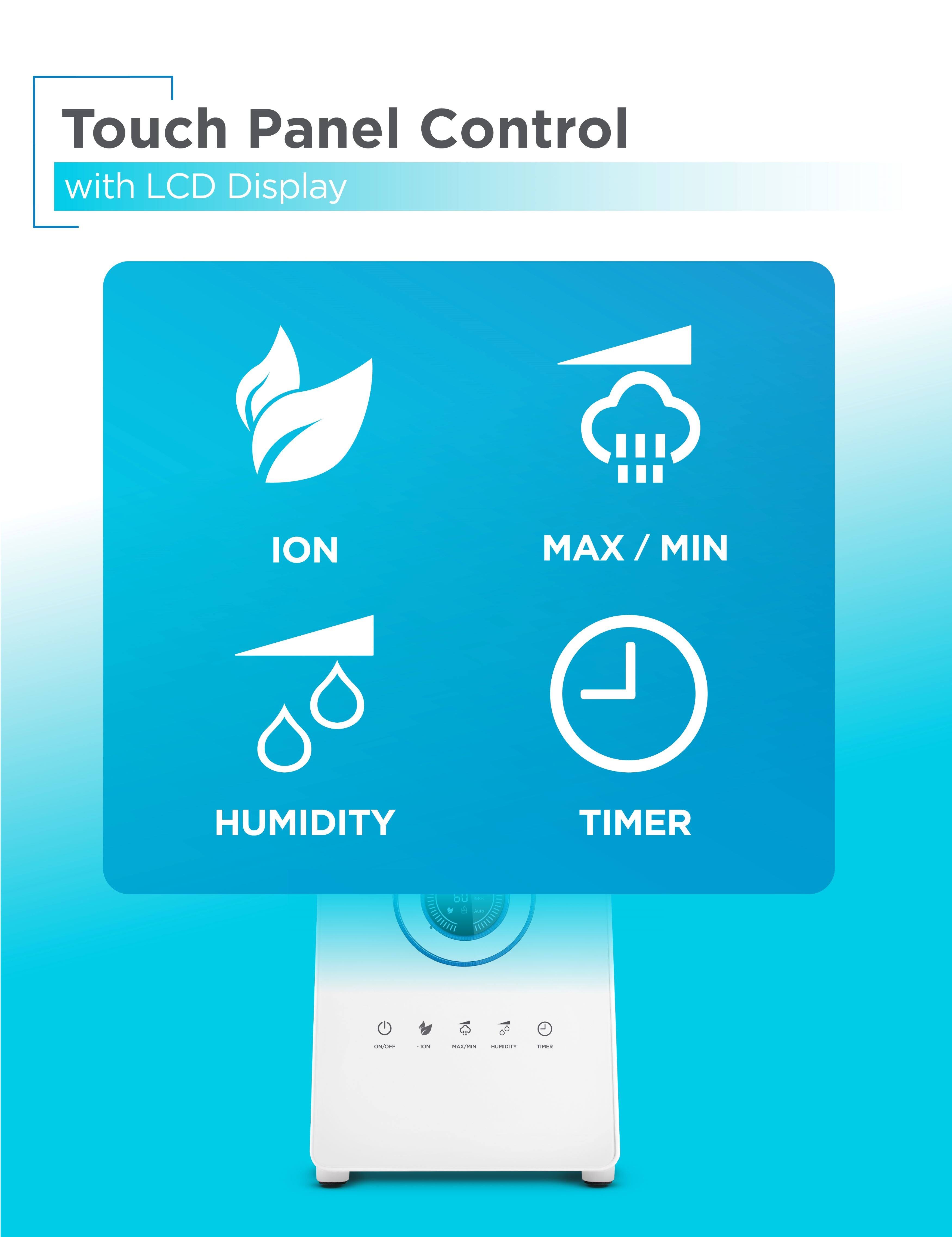 Touch Panel Control with LCD Display

- ION
- MAX / MIN
- HUMIDITY
- TIMER