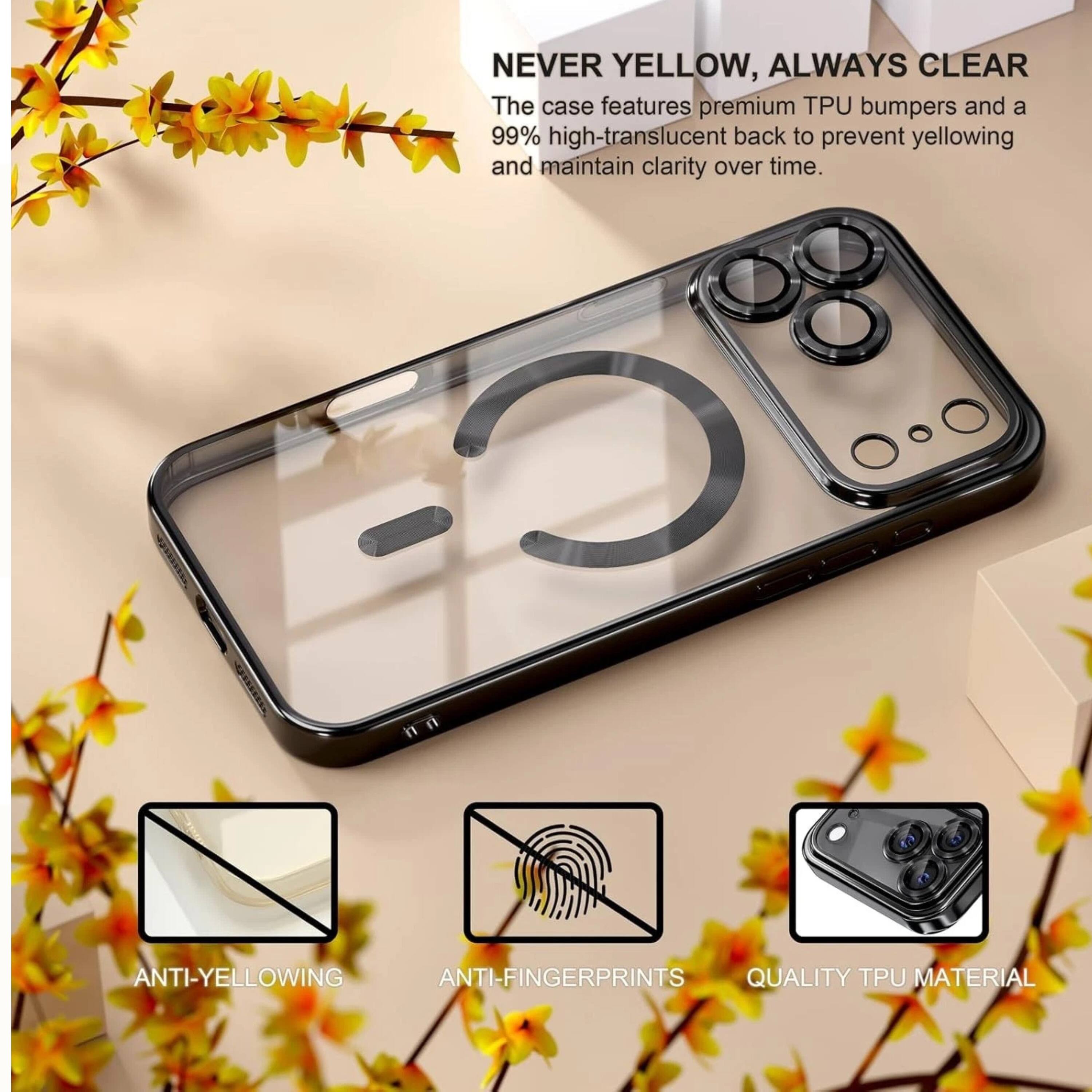 NEVER YELLOW, ALWAYS CLEAR  
The case features premium TPU bumpers and a 99% high-translucent back to prevent yellowing and maintain clarity over time.  

ANTI-YELLOWING  
ANTI-FINGERPRINTS  
QUALITY TPU MATERIAL