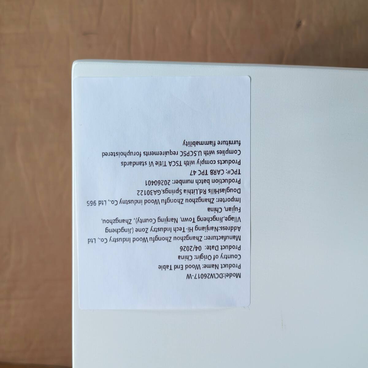 flammability furniture for upholstered requirements U.S. CPSC with Complies standards VI Title TSCA with comply Products 47 TPC CARB TPC#: 20260401 number: batch Production Springs, GA 30122 Rd, Lithia Douglas Hills Ltd Co., industry Wood Zhongfu Zhangzhou Importer: 965 China Fujian, Zhangzhou, County), Nanjing Town, Village, Jingcheng (Jingcheng Zone Industry Tech Hi Address: Nanjiang Ltd Co., Industry Wood Zhongfu Zhangzhou Manufacturer: 04/2026 Date: Product China Origin: of Country Table End Wood Name: Product Model: DCW26017-W