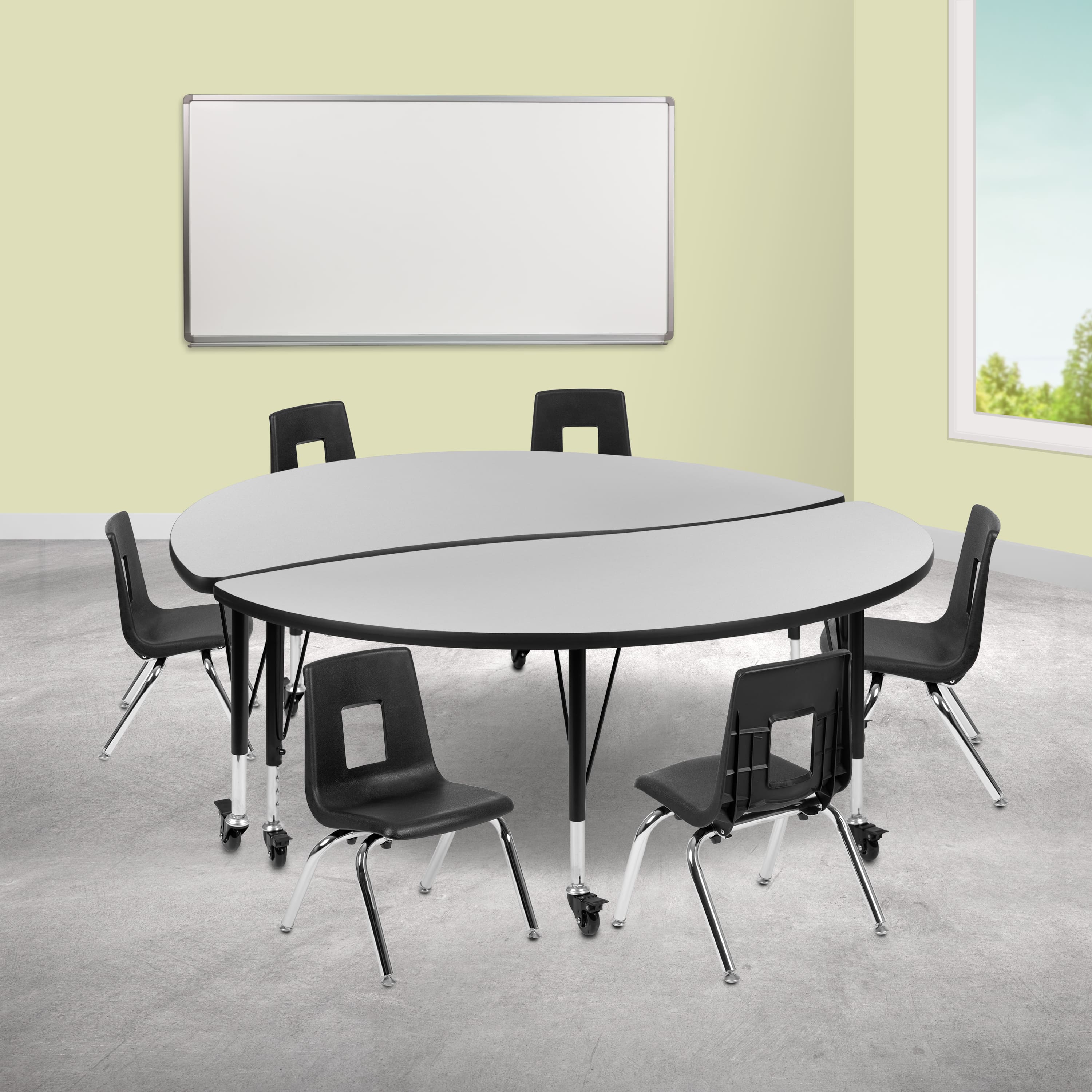 "Emma + Oliver - Mobile 60"" Circle Wave Collaborative Laminate Activity Table Set with 12"" Student Stack Chairs, Grey/Black - Gray" price history on PriceWatchPro