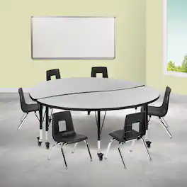 Emma + Oliver - Mobile 60" Circle Wave Collaborative Laminate Activity Table Set with 12" Student Stack Chairs, Grey/Black - Gray