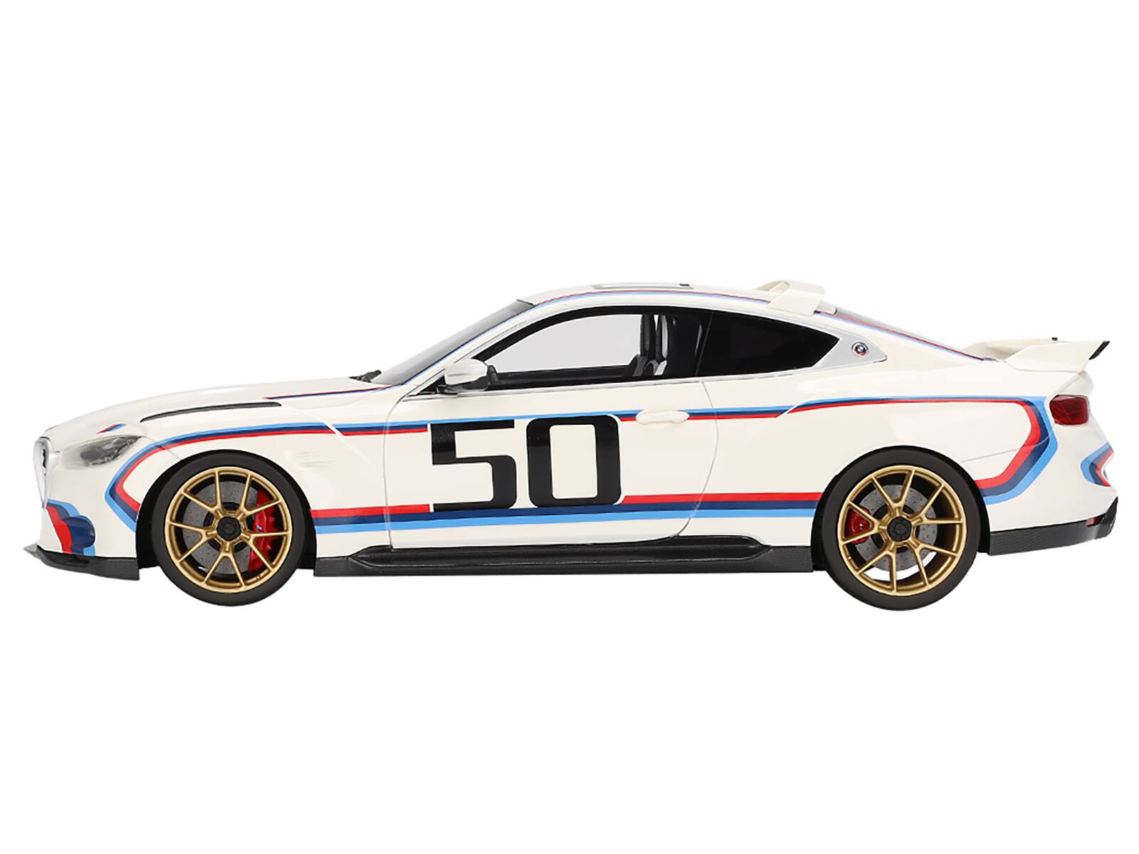 Left. Top Speed - BMW M4 3.0 CSL #50 White with Blue and Red Stripes 1/18 Model Car by Top Speed - White with Blue and Red.