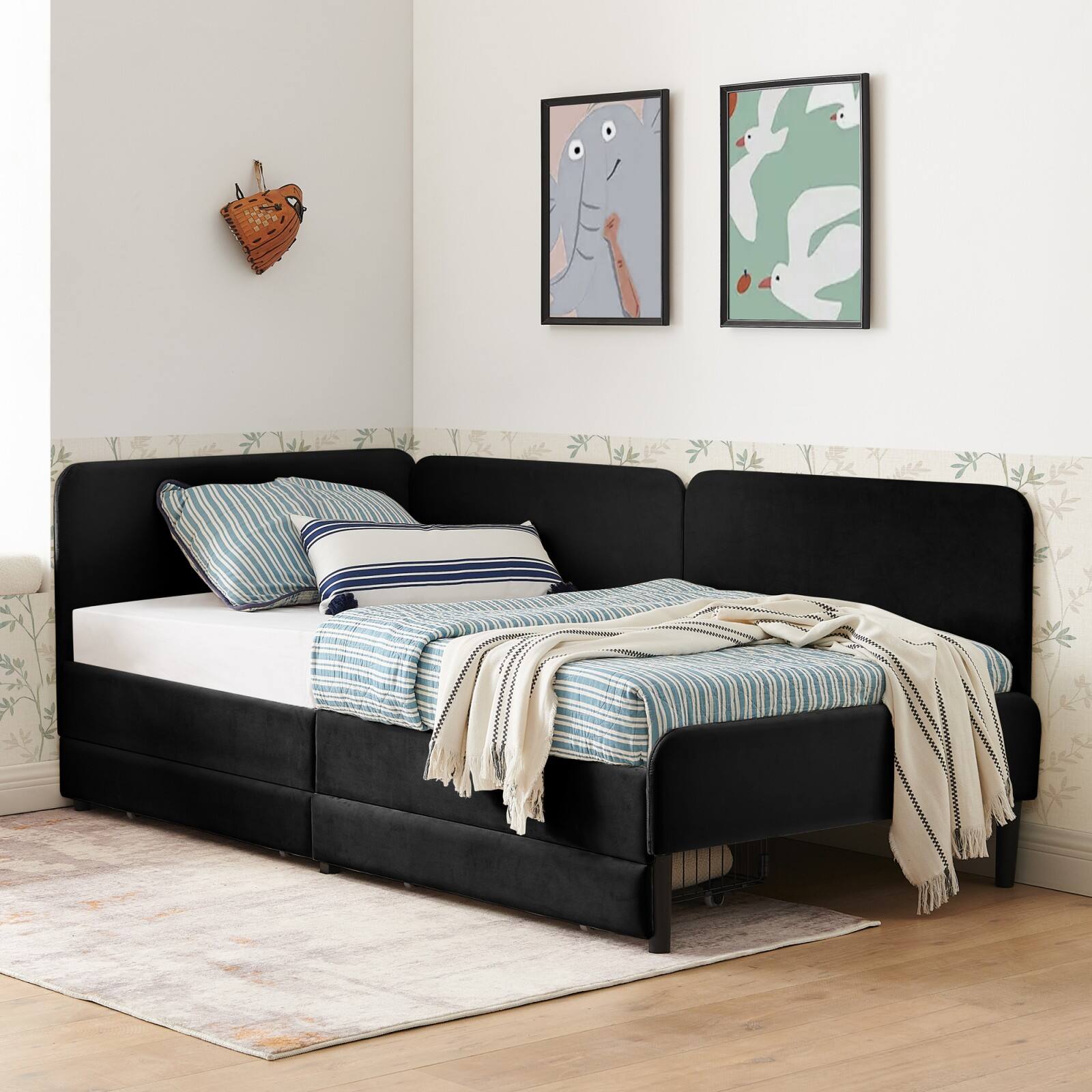 Alt View 7. Ecooso - Twin Size Upholstered Platform Bed Frame with 2 Storage Drawers, Adjustable Velvet Sofa Bed - Black.