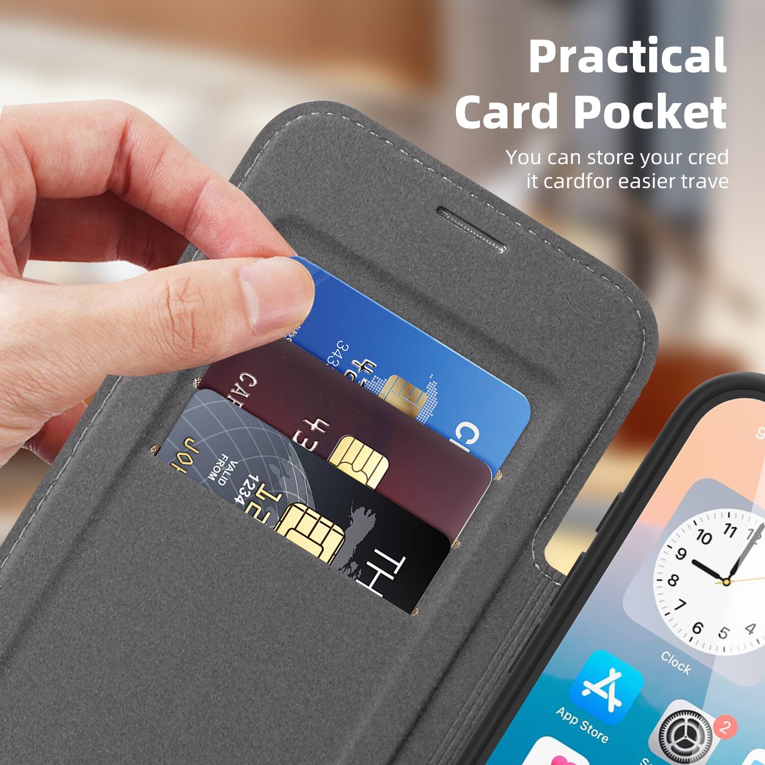 Practical Card Pocket  
You can store your credit card for easier travel  

650 343 CAR 701 Eh FROM VALID 1234 12 TH  
CI  

App Store  
10 11 1 9 8 7 6 5 4 Clock 2