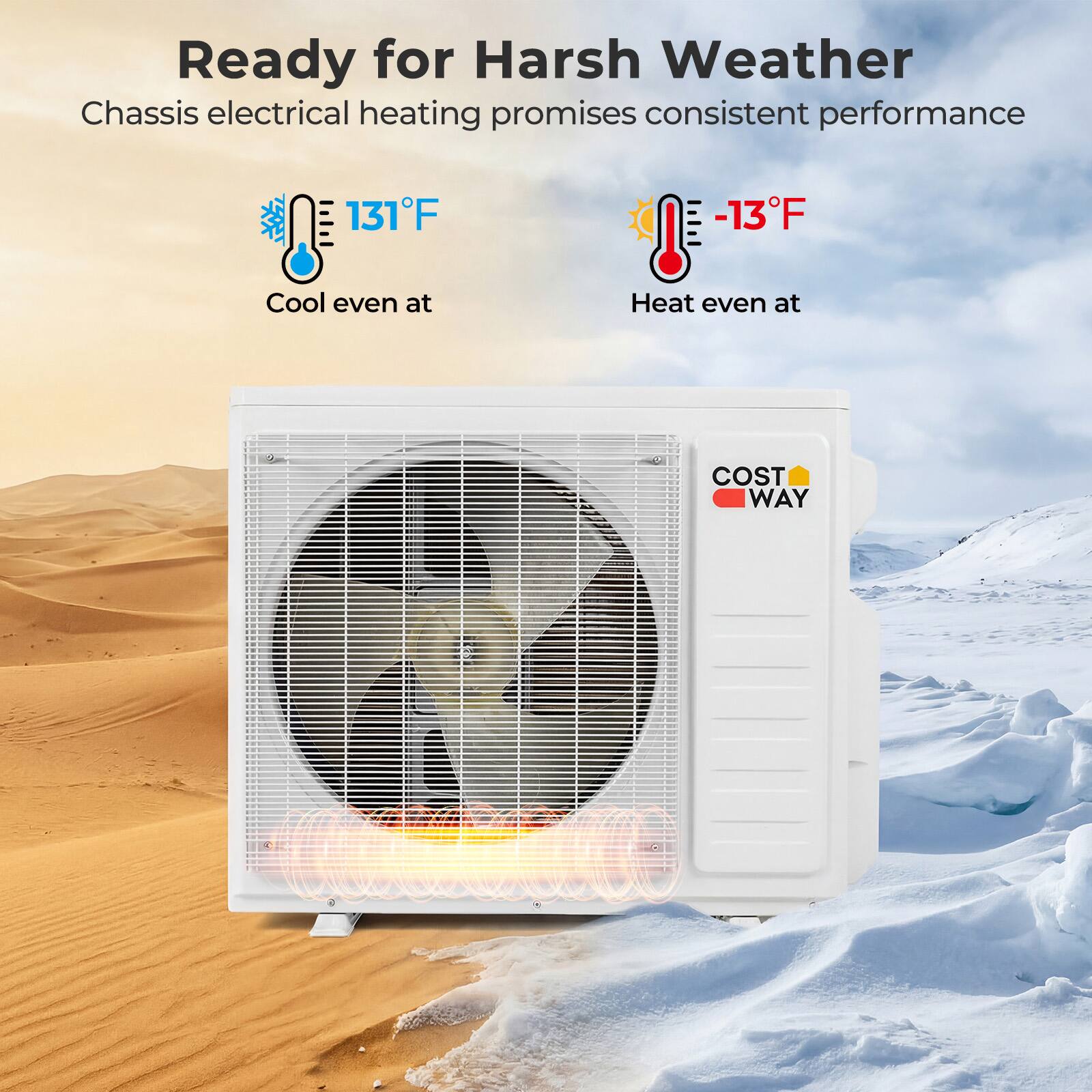 Ready for Harsh Weather  
Chassis electrical heating promises consistent performance  

Cool even at 131°F  
Heat even at -13°F  

COST WAY