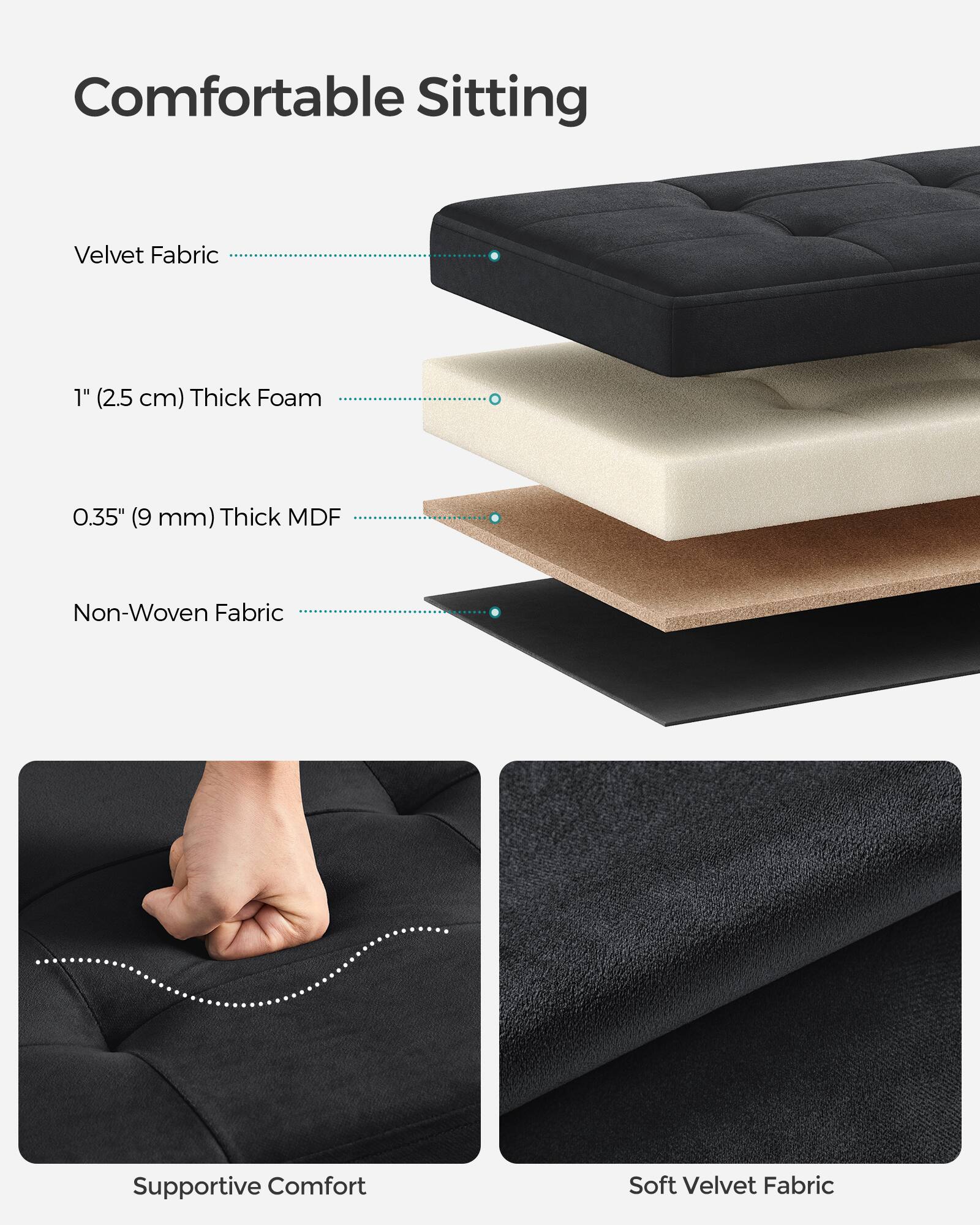 Comfortable Sitting

Velvet Fabric

1" (2.5 cm) Thick Foam

0.35" (9 mm) Thick MDF

Non-Woven Fabric

Supportive Comfort

Soft Velvet Fabric