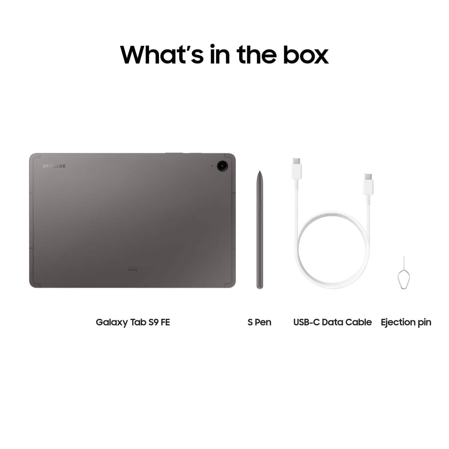 What's in the box: Samsung Galaxy Tab S9 FE, S Pen, USB-C Data Cable, Ejection Pin.