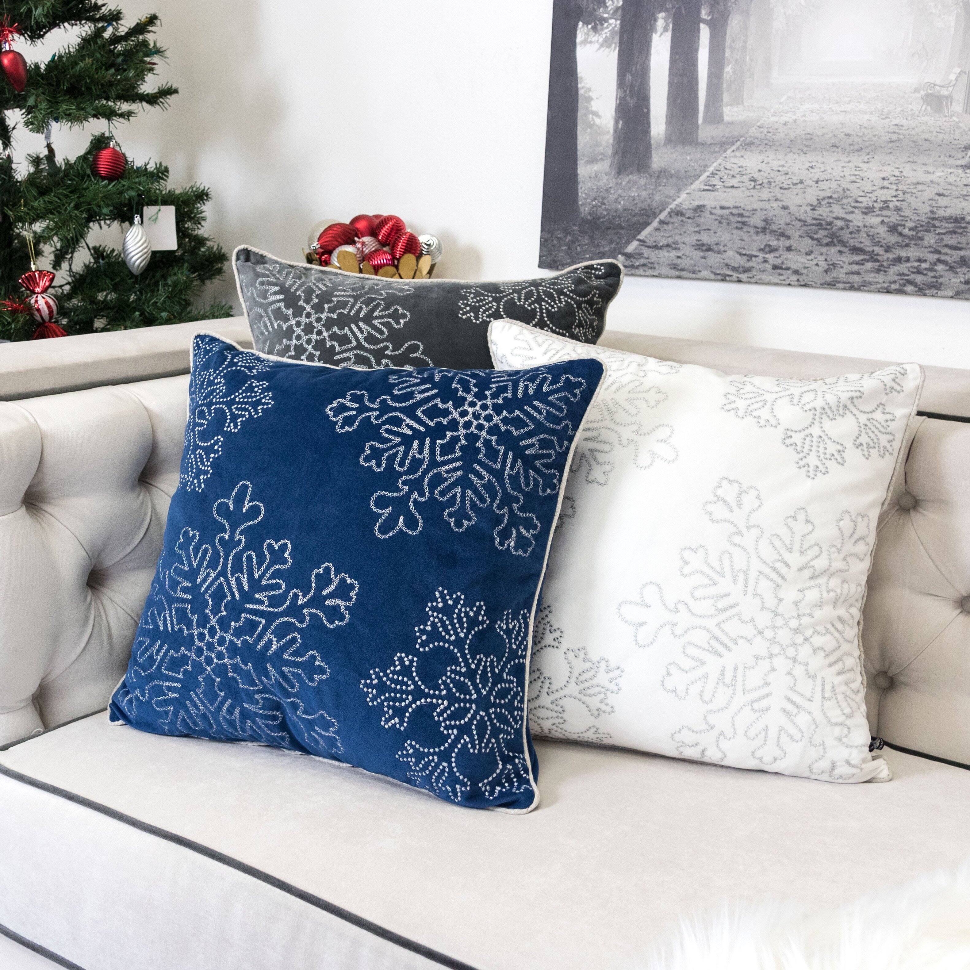 Alt View 1. TinyHomie - Blue Velvet Holiday Throw Pillow 20x20 Silver Snowflake Embroidery - Blue.
