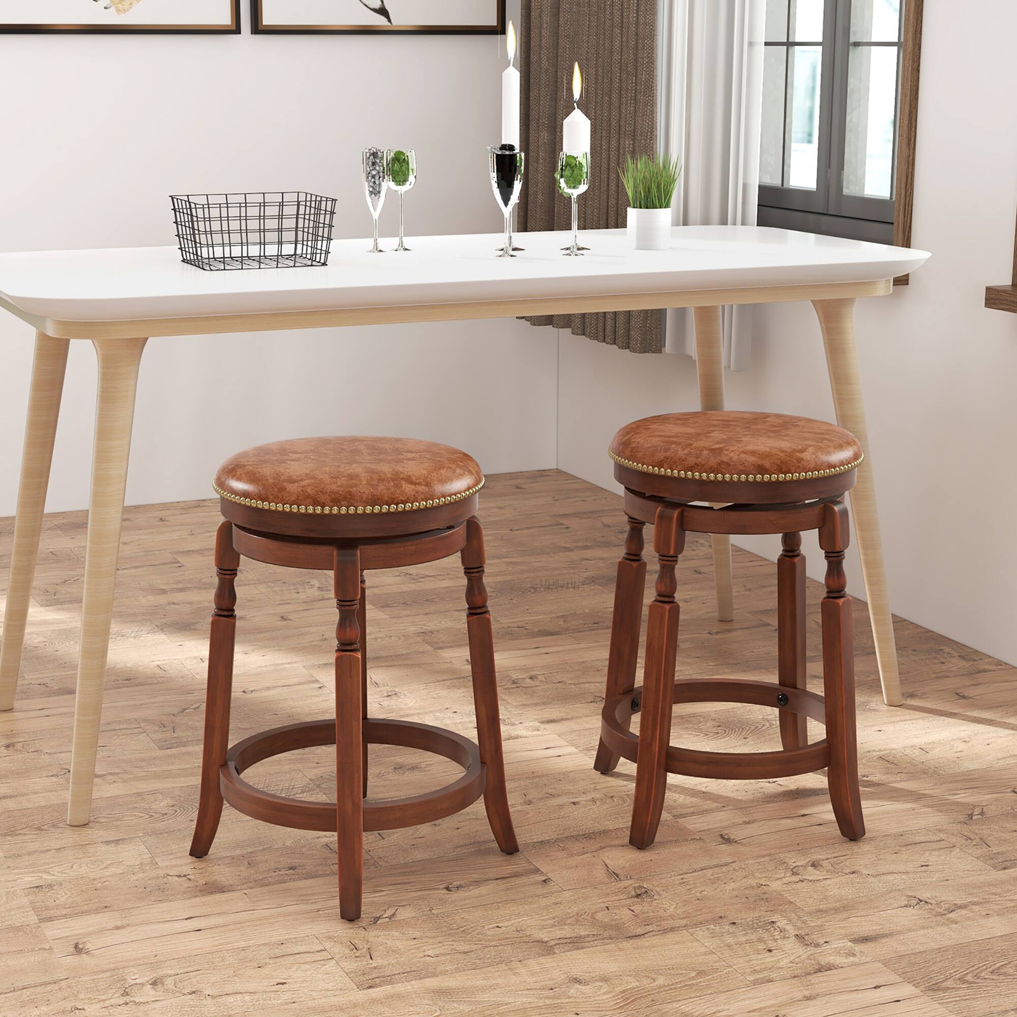 Alt View 4. Gymax - Gymax Counter Height Bar Stool Set of 4 24Inch Swivel Stool Solid Wood Frame Kitchen Stools - Walnut, Brown.