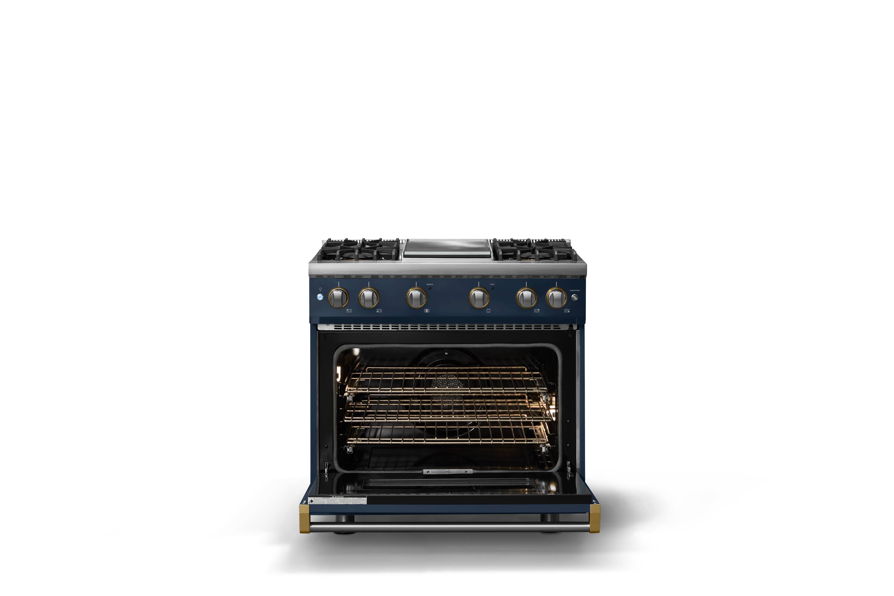 Alt View 2. Viking - 36 in. Wide 4 Burner Pro 5 Series 5.1 Cu. Ft. Freestanding Sealed 4 Burner LP Gas Convection Range with Brushed Brass - Slate Blue.