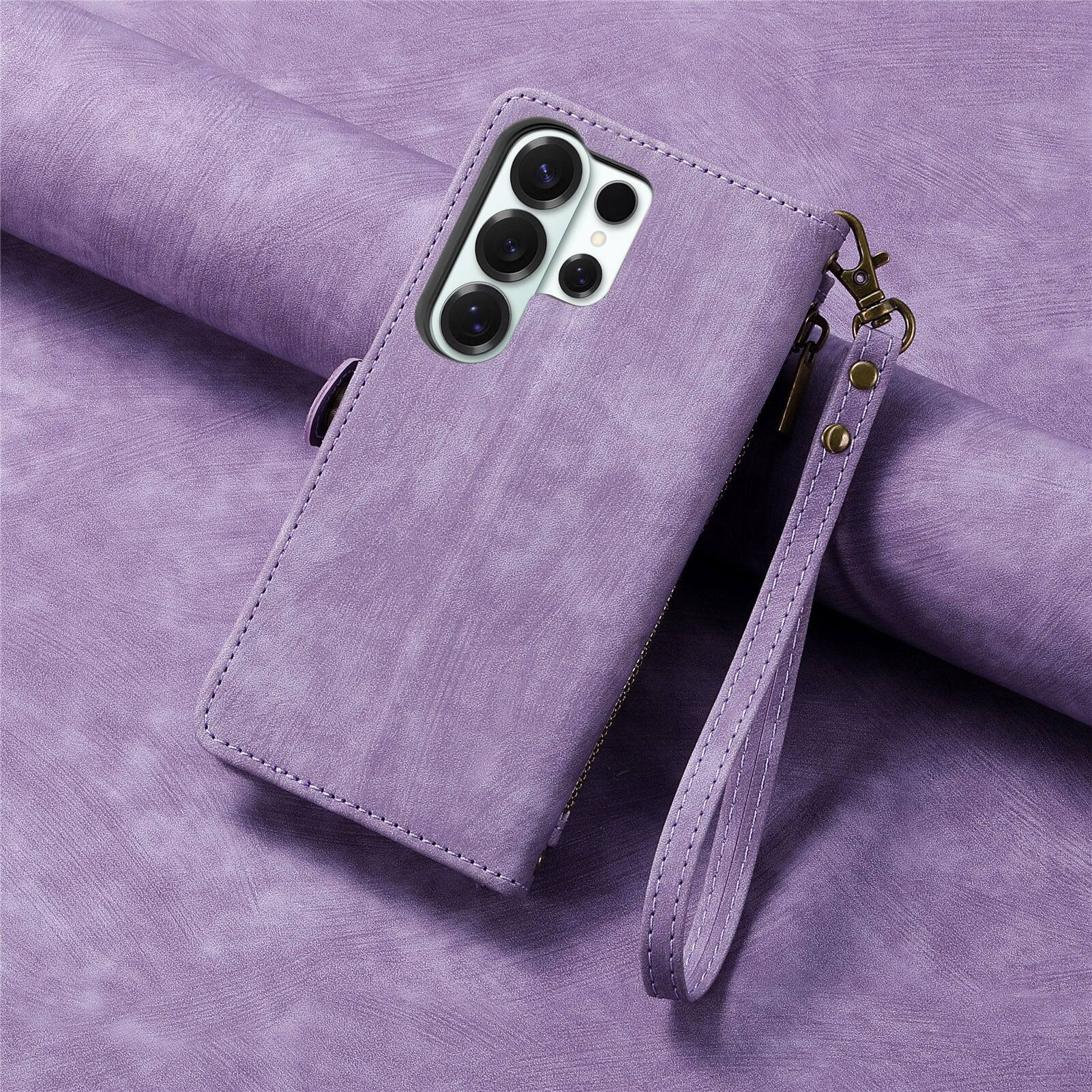 Alt View 3. Dteck - For Samsung S25 Ultra Zipper Wallet PU Leather Handbag Purse Flip Kickstand Folio Card Slots Holder Wrist Strap Cover - Purple.