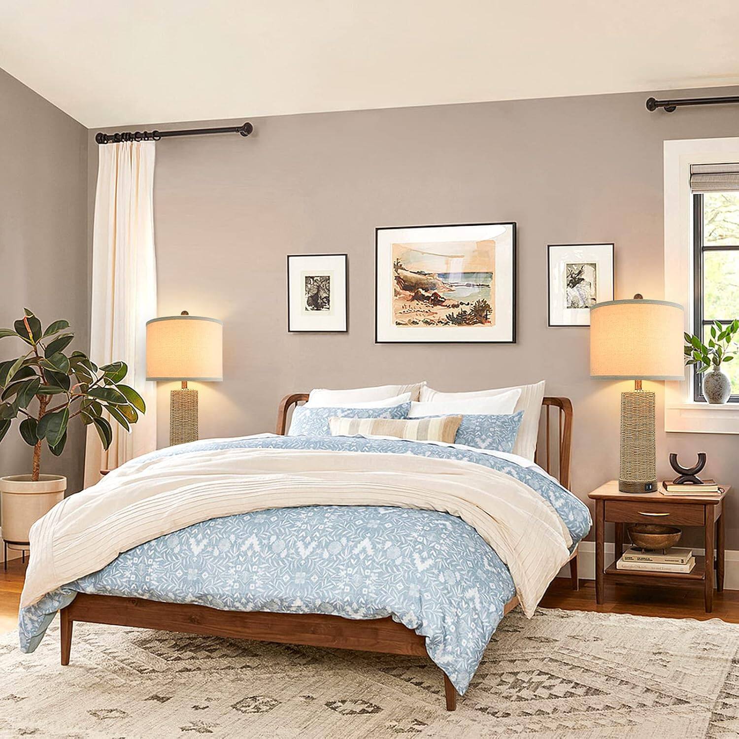 Back. Nordic Hygge - 26" Coastal Table Lamps Set of 2 with 2 USB Ports, Rattan Nightstand Bedside Table Lamps for Living Room - Brown.