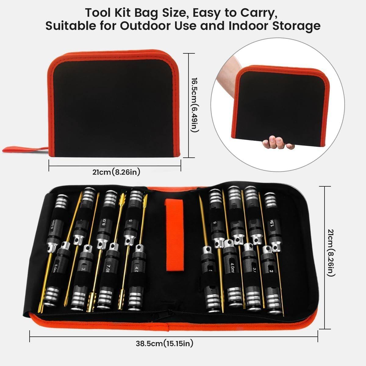 Tool Kit Bag Size, Easy to Carry, Suitable for Outdoor Use and Indoor Storage

- Width: 21cm (8.26in)
- Height: 16.5cm (6.49in)
- Length: 38.5cm (15.15in)