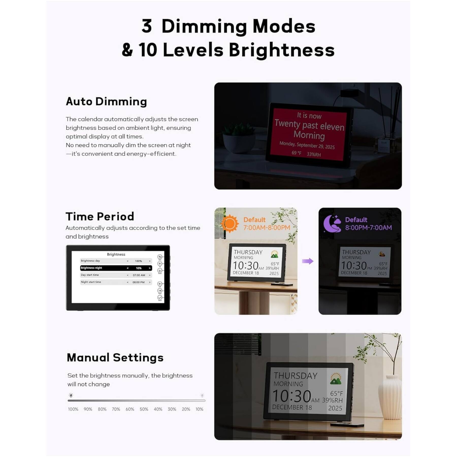3 Dimming Modes & 10 Levels Brightness

Auto Dimming
The calendar automatically adjusts the screen brightness based on ambient light, ensuring optimal display at all times. No need to manually dim the screen at night - it's convenient and energy-efficient.

Time Period
Automatically adjusts according to the set time and brightness
Default 7:00AM-8:00PM
Default 8:00PM-7:00AM

Manual Settings
Set the brightness manually, the brightness will not change
100% 90% 80% 70% 60% 50% 40% 30% 20% 10%