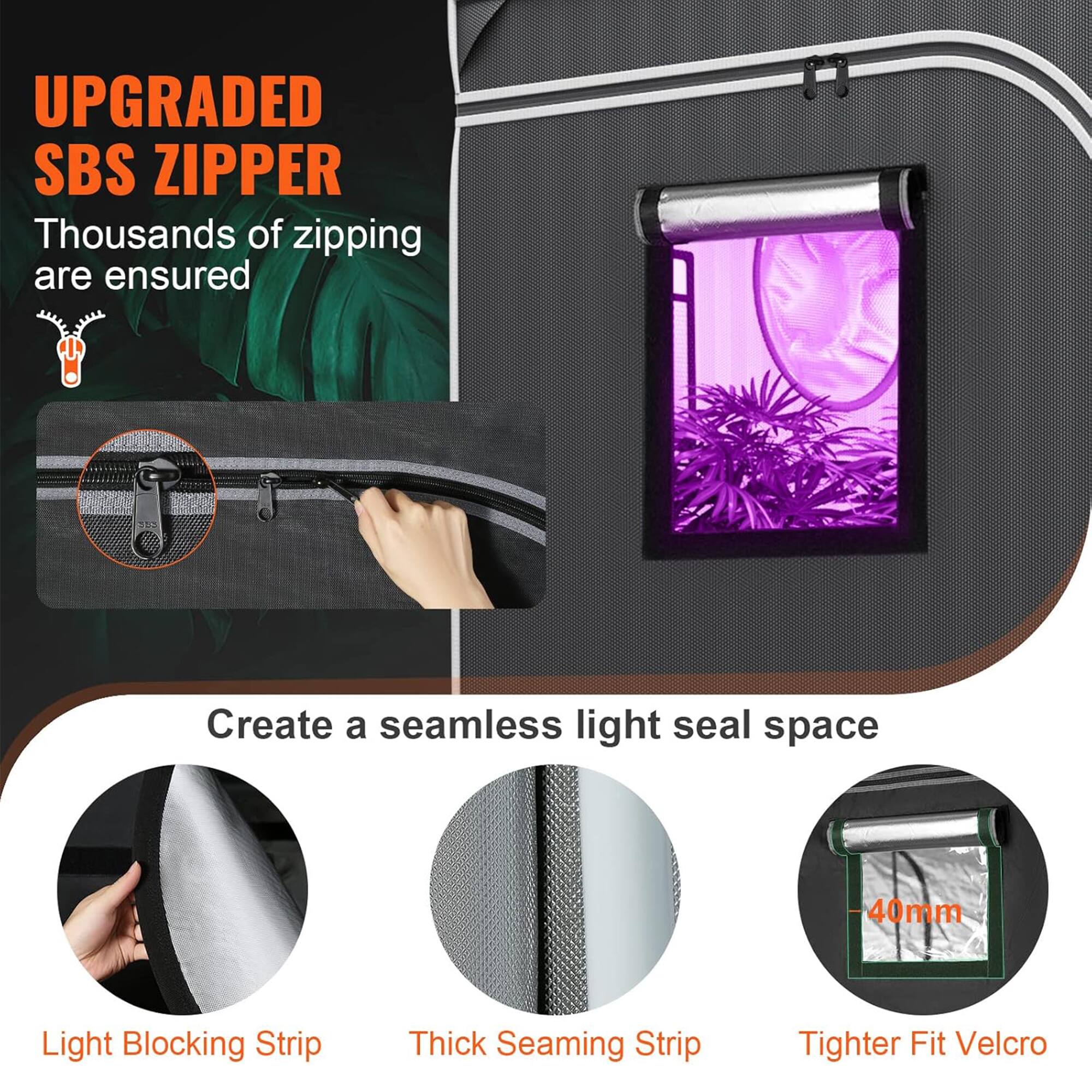 UPGRADED SBS ZIPPER  
Thousands of zipping are ensured  

Create a seamless light seal space  
- Light Blocking Strip  
- Thick Seaming Strip  
- Tighter Fit Velcro  
- 40mm
