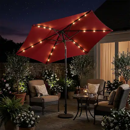 Front. WELLFOR - 9FT Patio Solar LED Umbrella with Tilt and Crank Lift.