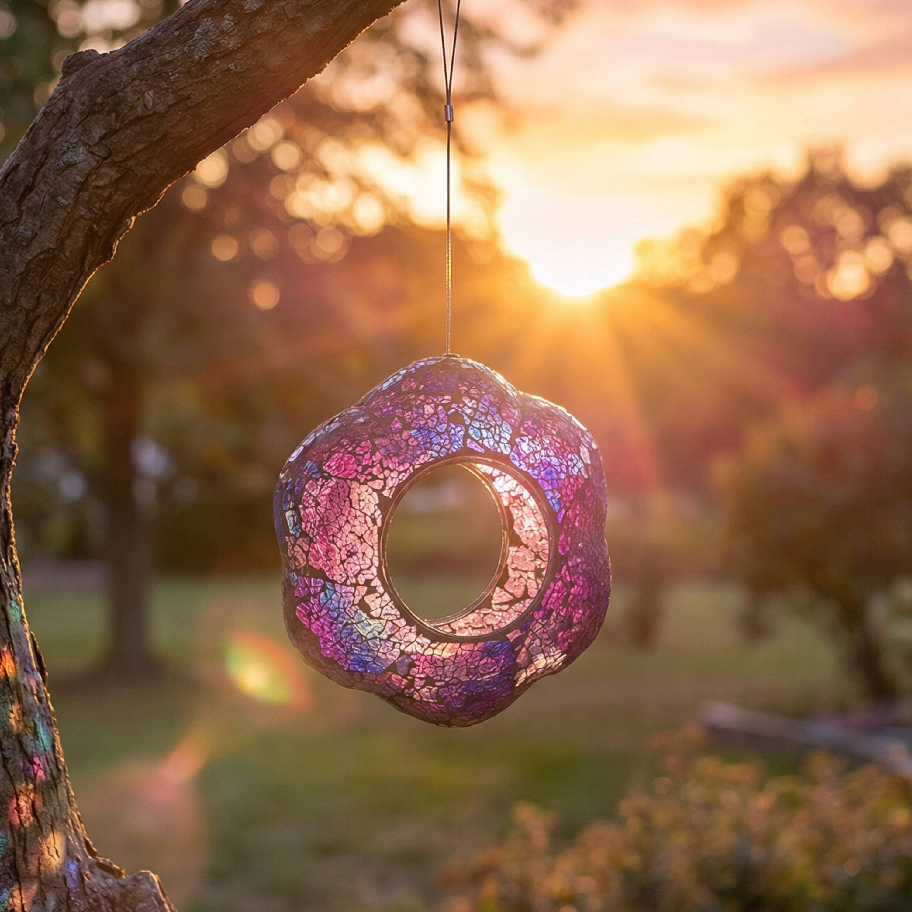 Alt View 1. Sunnydaze - Glass Fly-Through Hanging Bird Feeder - 10 in - Iridescent Purple Flower.