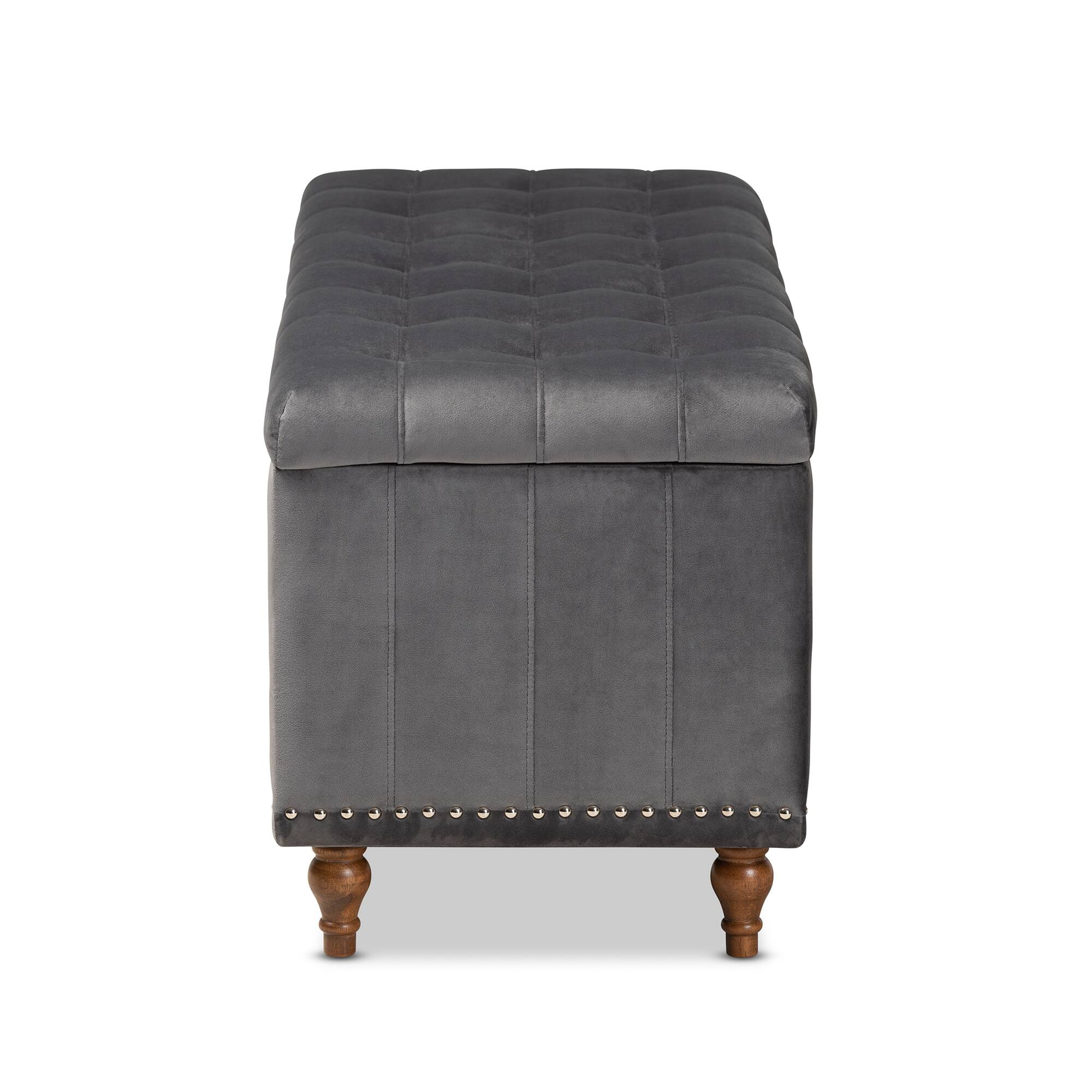 Back. Baxton Studio - Kaylee Modern and Contemporary Velvet Fabric Upholstered Button-Tufted Storage Ottoman Bench - Grey/Brown.