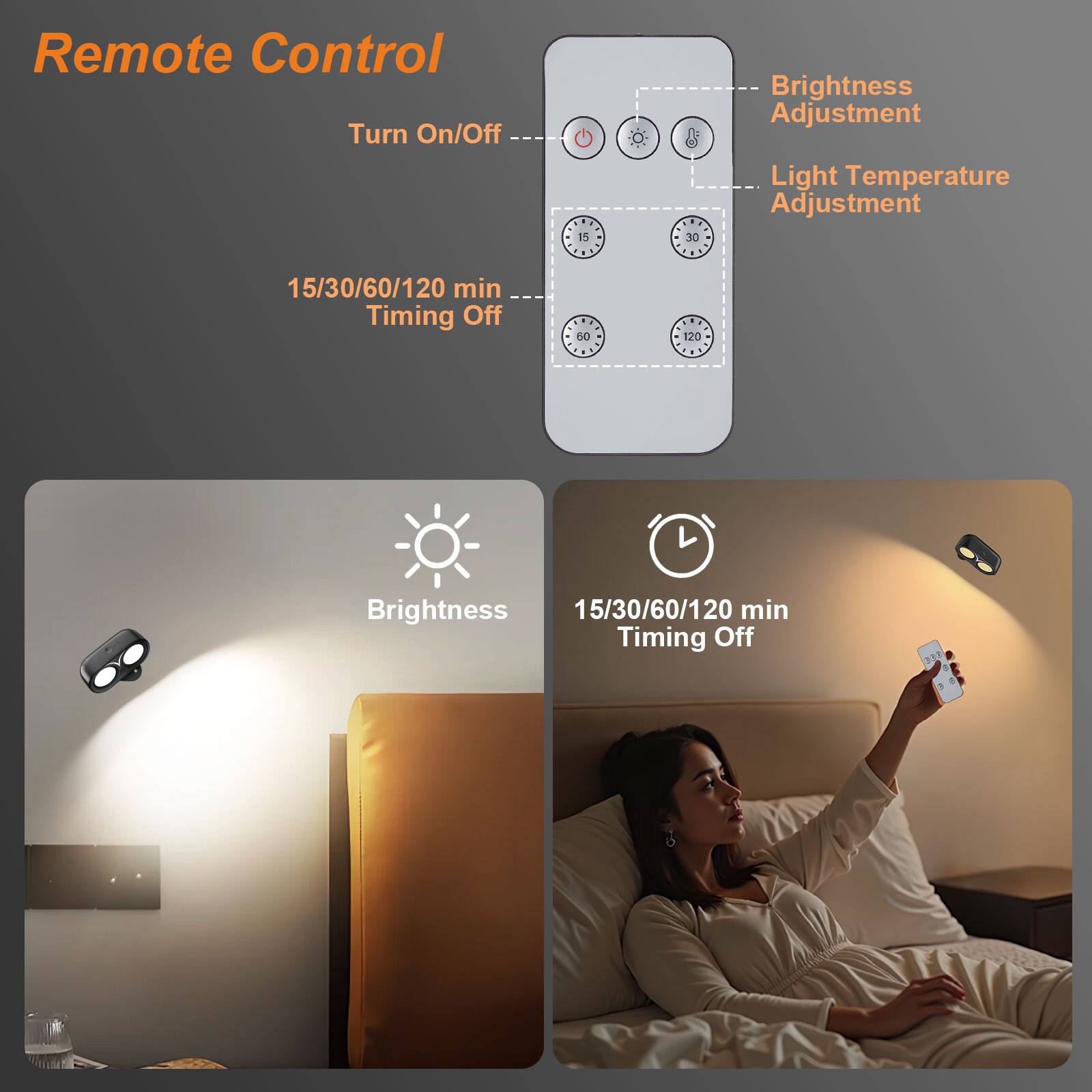 Remote Control  
Turn On/Off  
Brightness Adjustment  
Light Temperature Adjustment  
15/30/60/120 min Timing Off