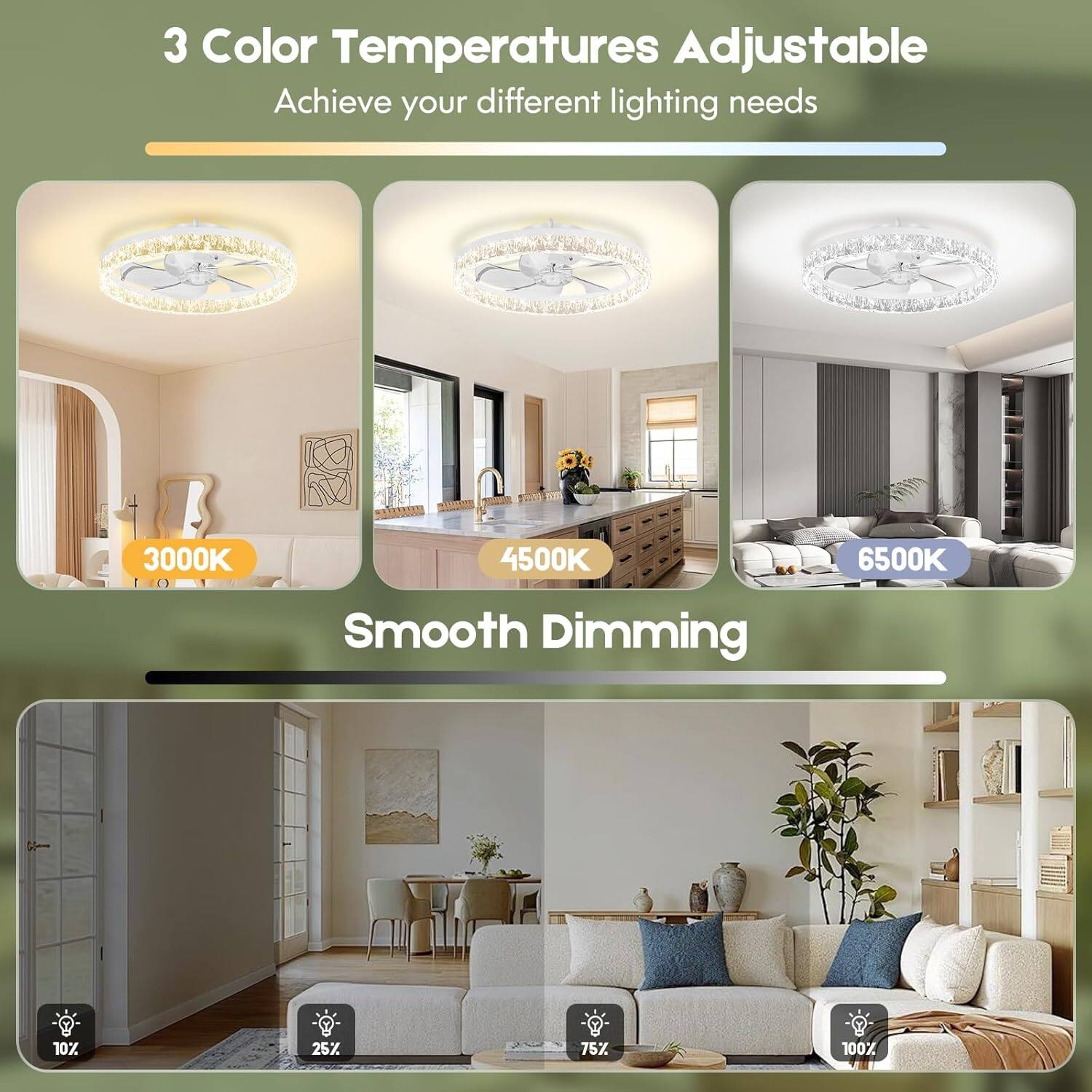 3 Color Temperatures Adjustable  
Achieve your different lighting needs  

3000K  
4500K  
6500K  

Smooth Dimming  

10%  
25%  
75%  
100%