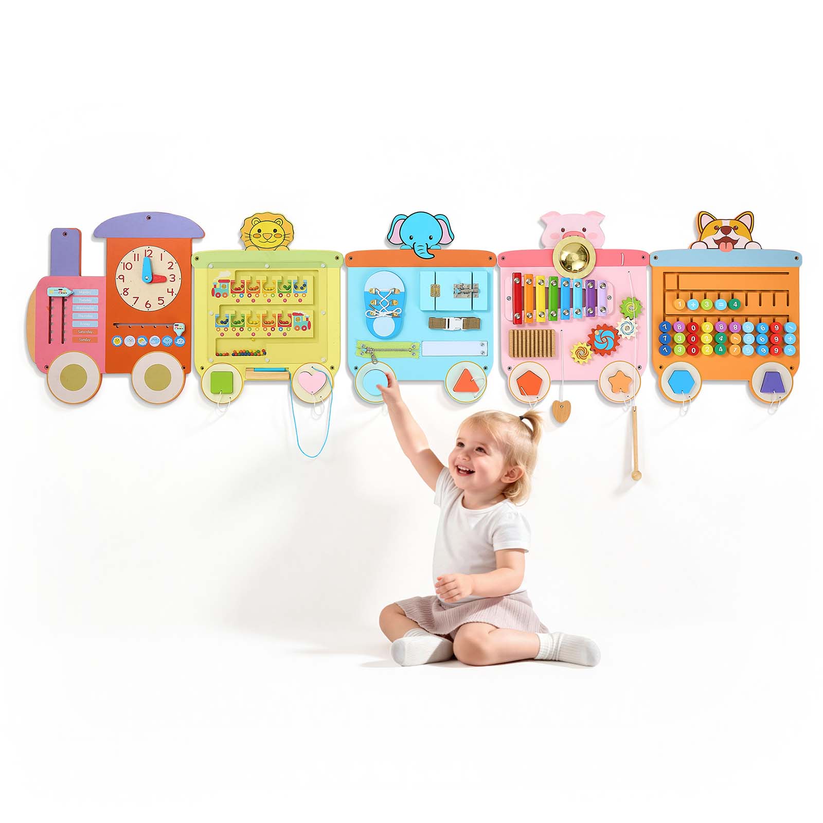 Front. VEVOR - Wall Busy Board, 18-in-1 Train Montessori Sensory Activity Panels, Learning Activity Center for Daycare, Classroom - Multicolor.