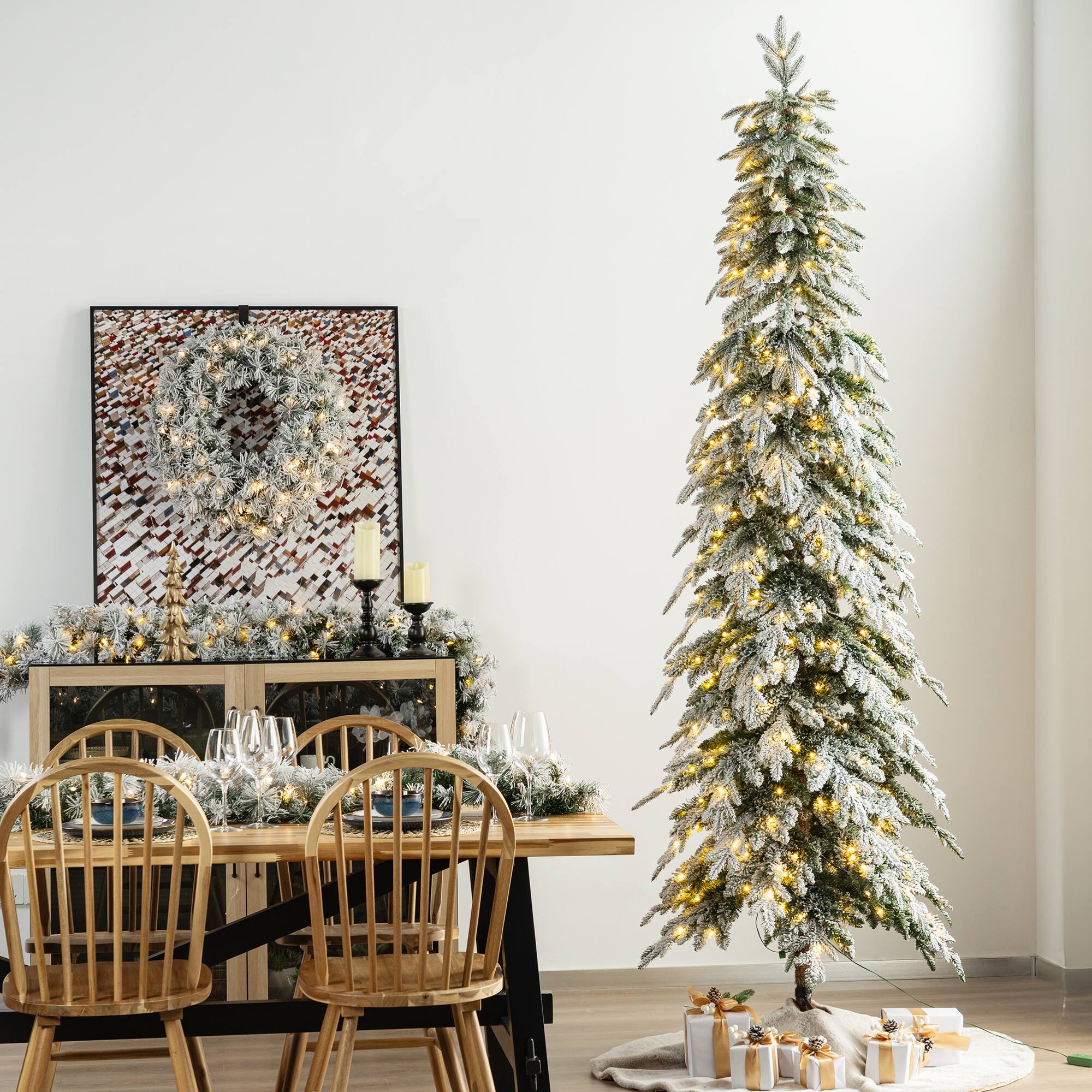 Alt View 9. Glitzhome - 9ft Pre-Lit Flocked Pencil Spruce Artificial Christmas Tree with 470 Warm White Lights - White.