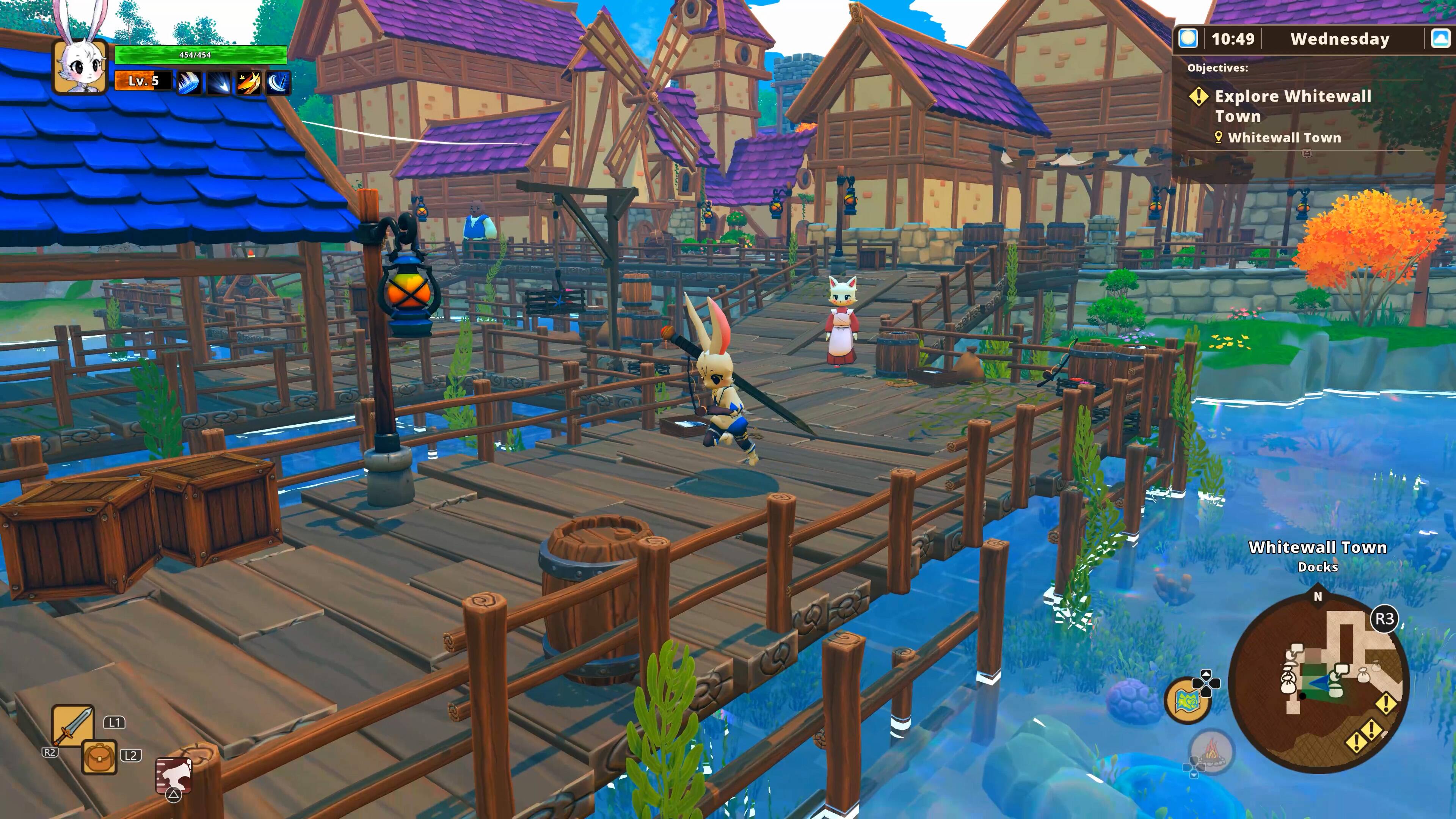 Lv. 5  
454/454  
10:49 Wednesday  
Objectives:  
- Explore Whitewall Town  
- Whitewall Town Docks  

R3  
L1  
RZ  
L2