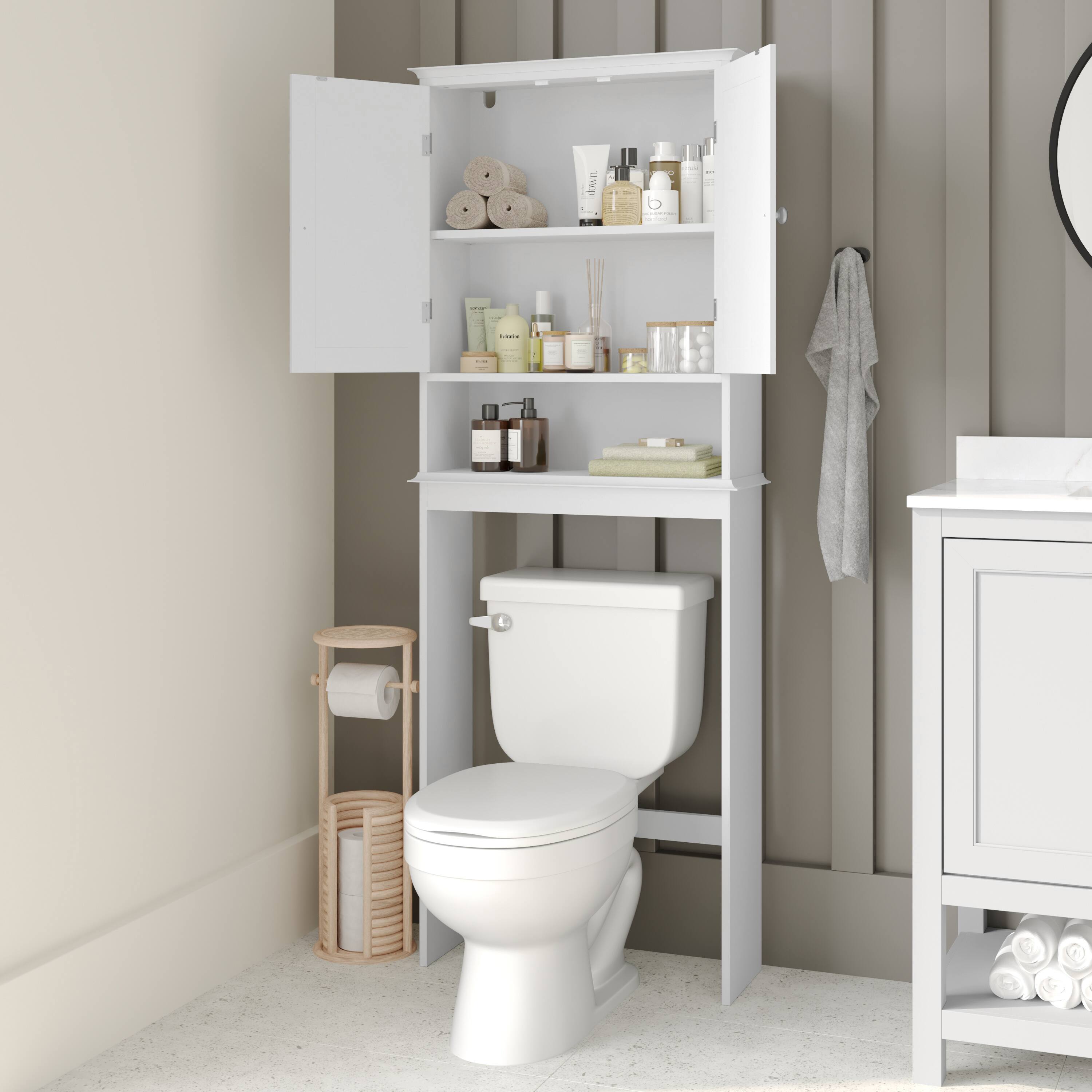 Alt View 4. Emma + Oliver - Farmhouse Over the Toilet Cabinet with Shelves and Magnetic Closure Doors - White.