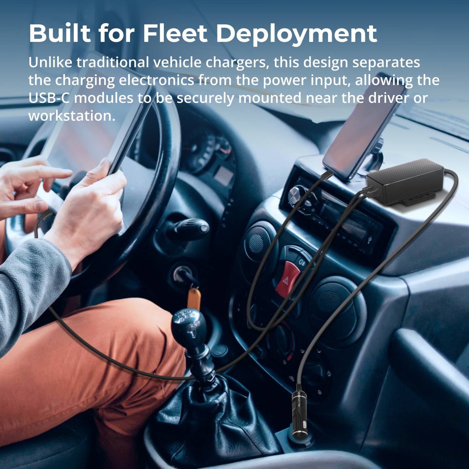 Built for Fleet Deployment

Unlike traditional vehicle chargers, this design separates the charging electronics from the power input, allowing the USB-C modules to be securely mounted near the driver or workstation.